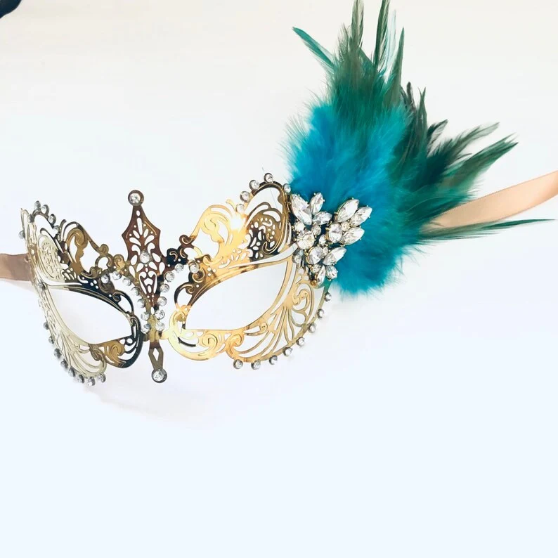 Ana Gold Metal Mask - Teal Feathers