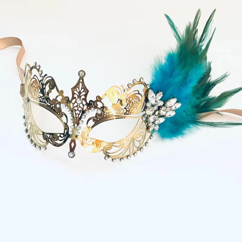 Ana Gold Metal Mask - Teal Feathers - Image 2