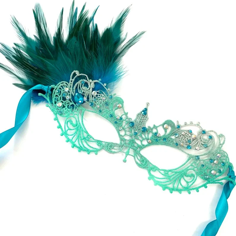 Ana Lace Turquoise Mask - Teal Feathers