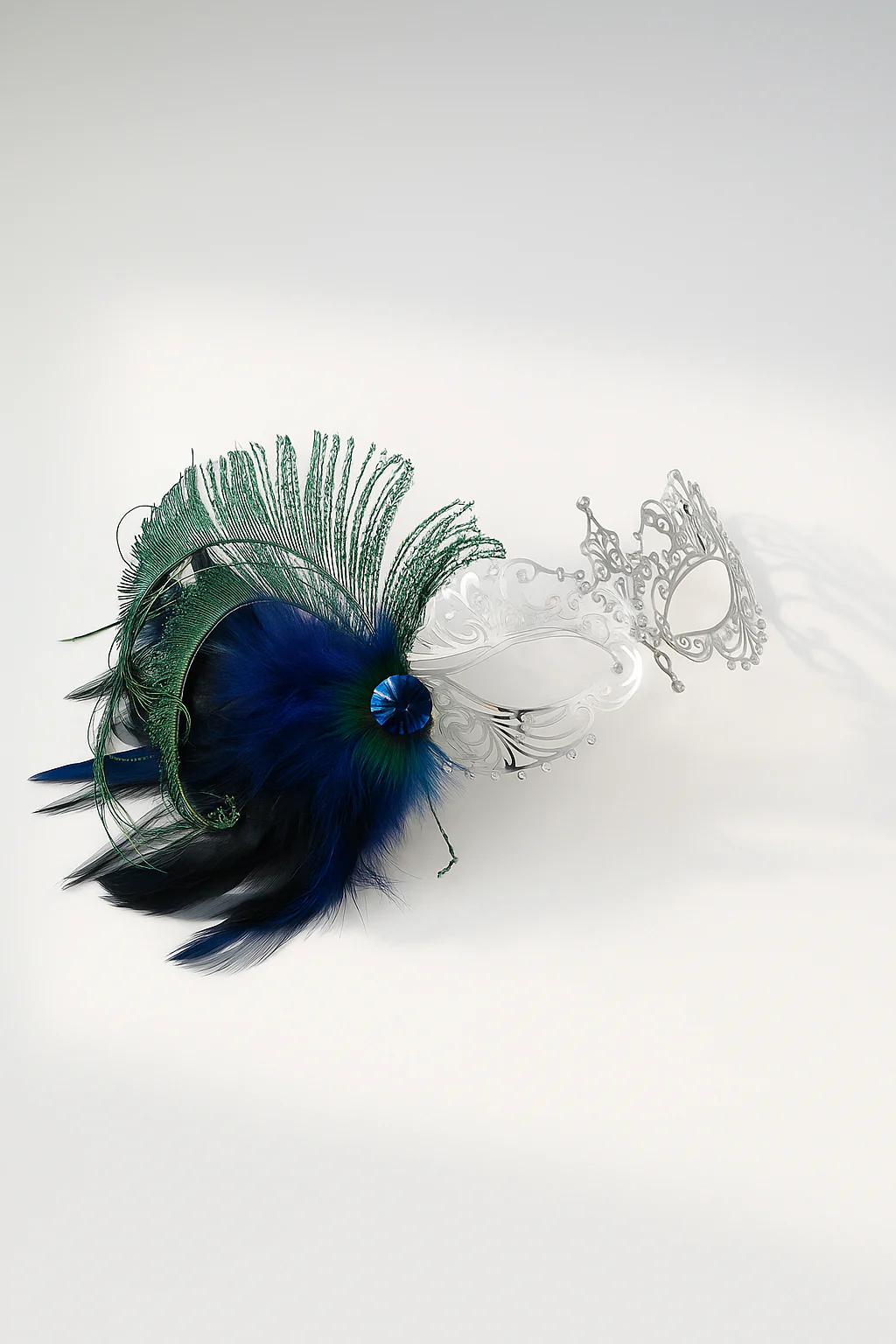 Ana Silver Metal Mask - Blue Peacock Feathers