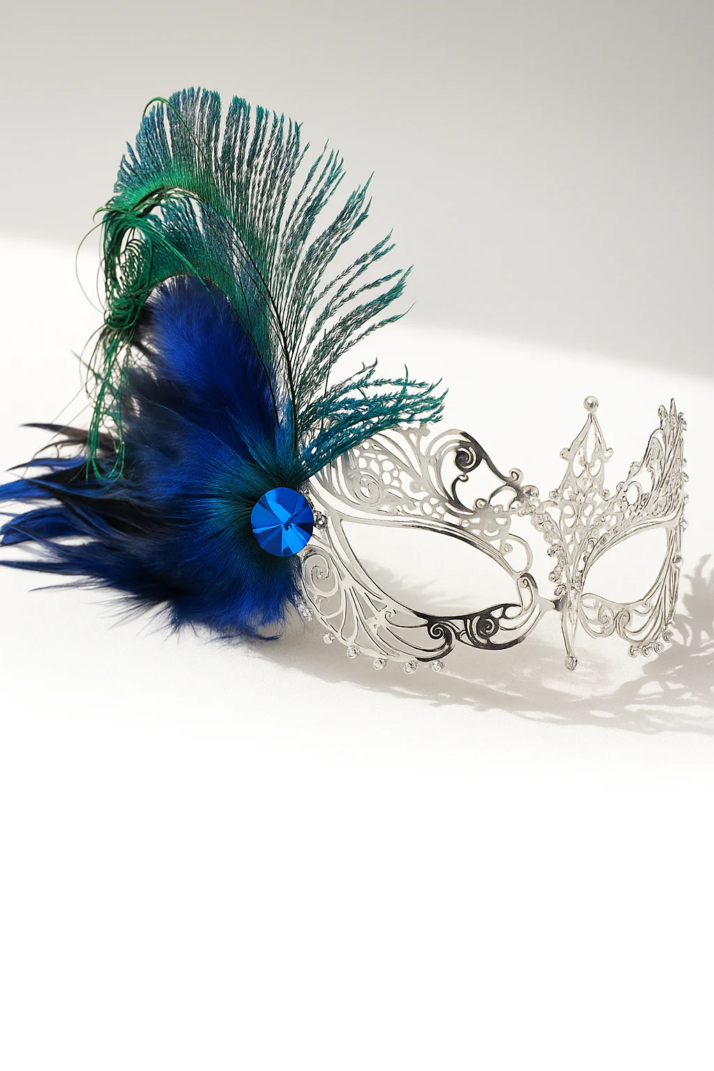 Ana Silver Metal Mask - Blue Peacock Feathers - Image 2