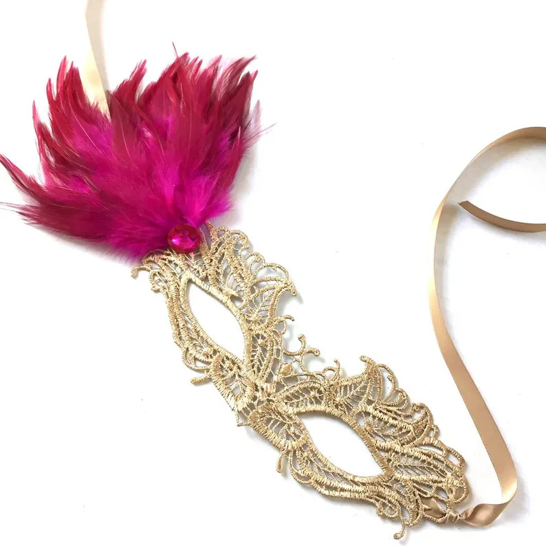 Aurielle – Gold Lace Pink Feather Mask - Image 3