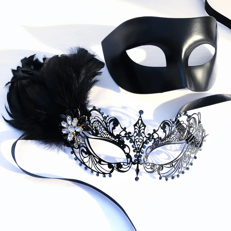 Black Couples Masks – Feather & Filigree Set