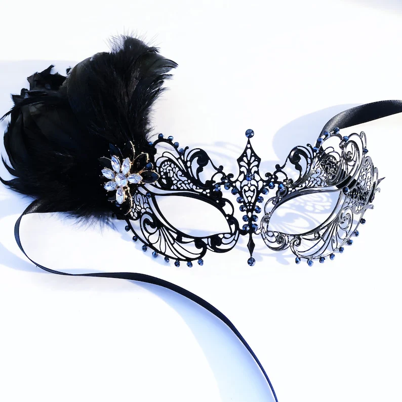 Black Couples Masks – Feather & Filigree Set - Image 2