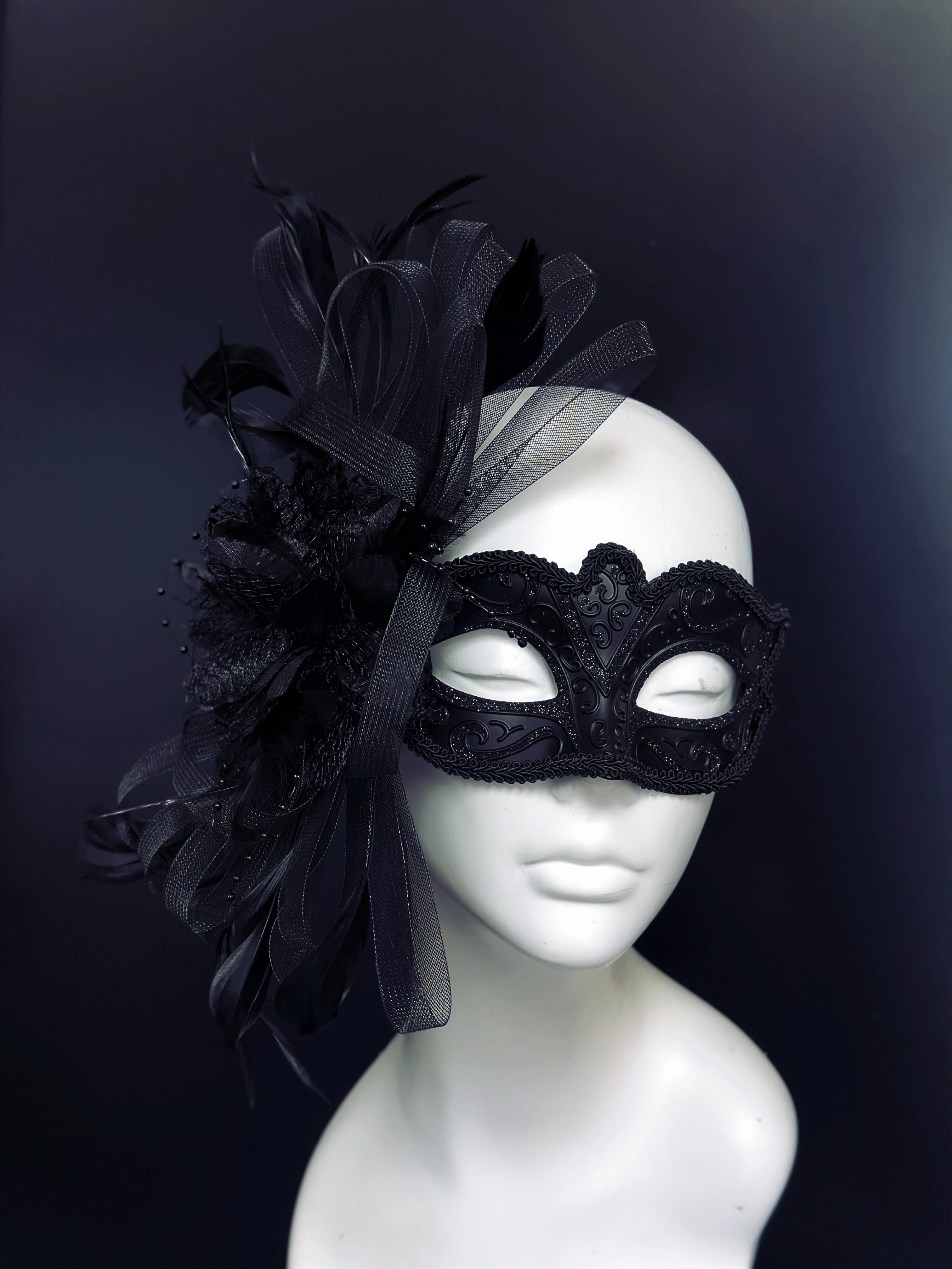 Gothic Lace & Ribbon - Black Feather Mask - Image 3