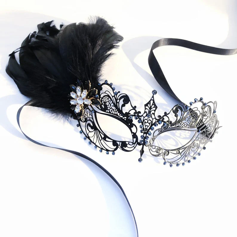 Ana Metal Mask - Onyx and Black Feathers