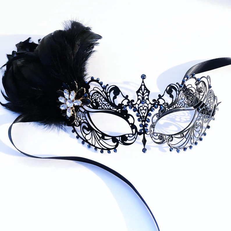 Ana Metal Mask - Onyx and Black Feathers - Image 2