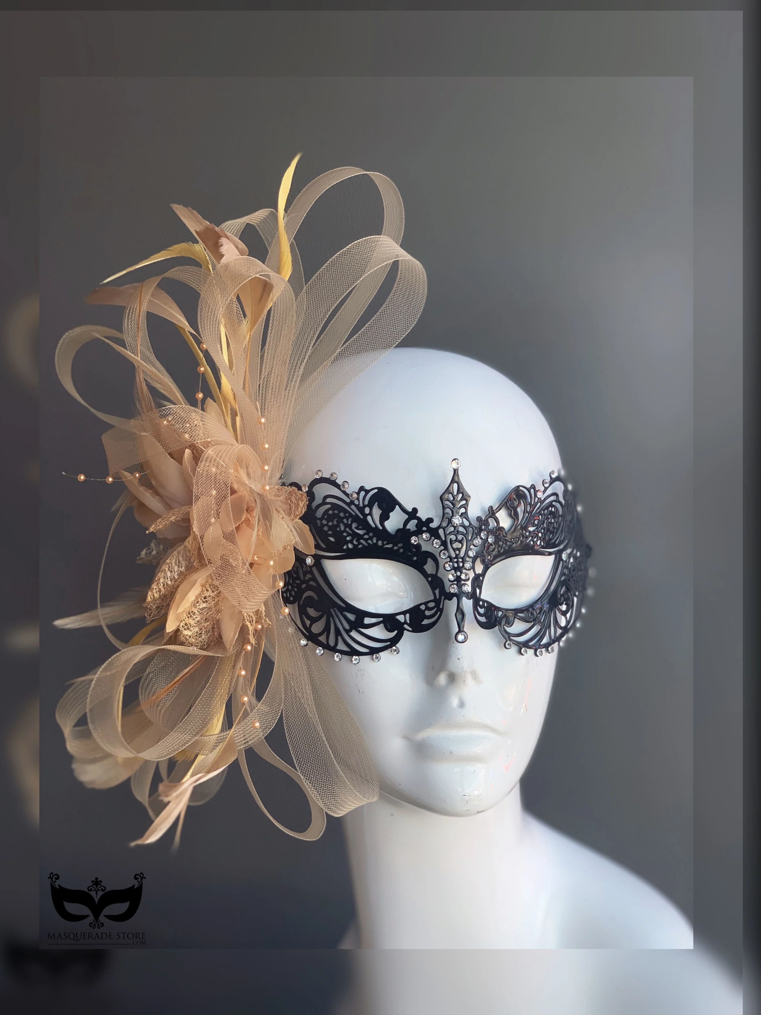 Ana Black Metal Mask - Gold Feathers