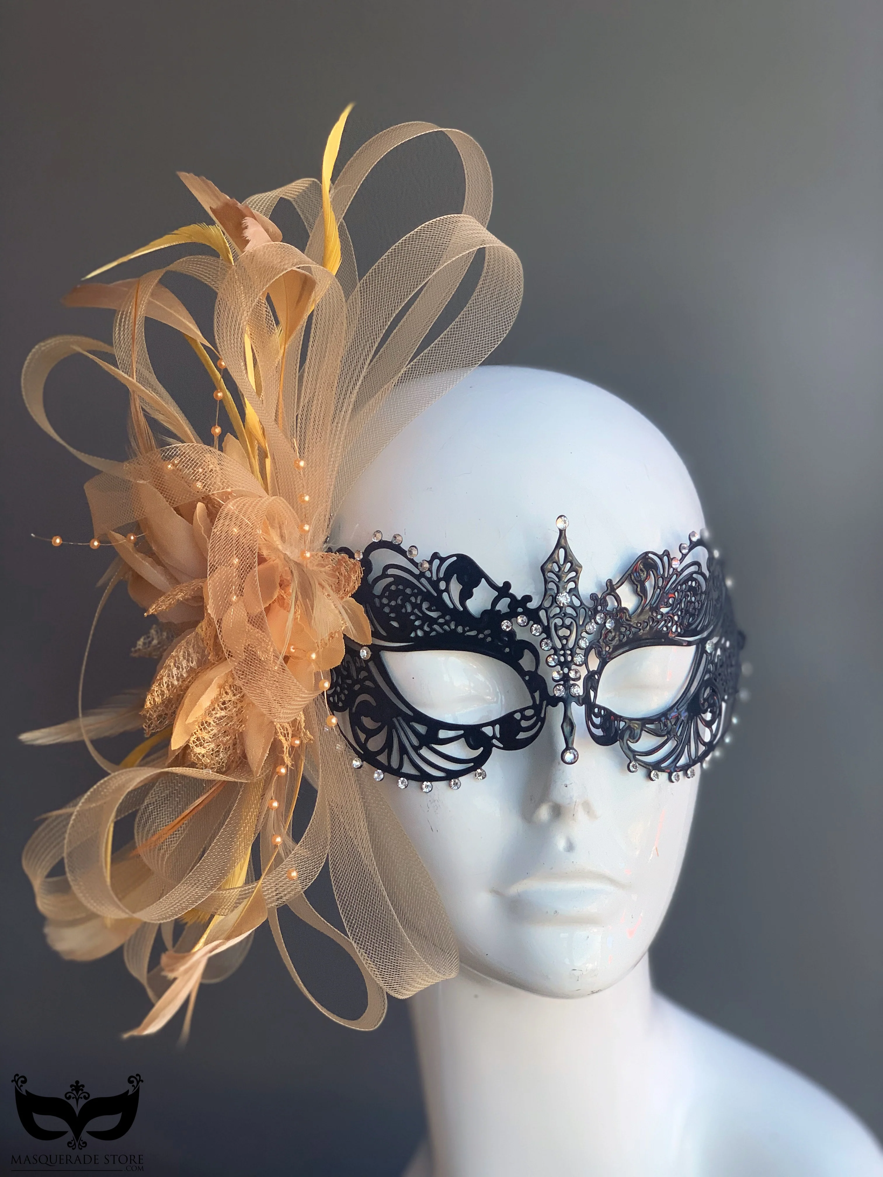 Ana Black Metal Mask - Gold Feathers - Image 2