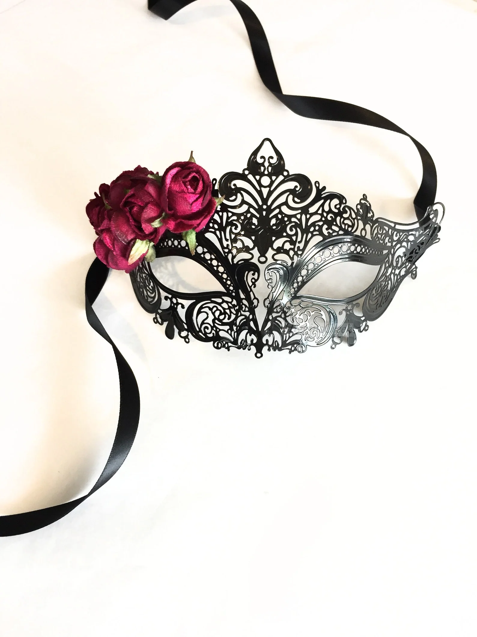 Elegant Venetian Metal Mask - Black/Rose - Image 2