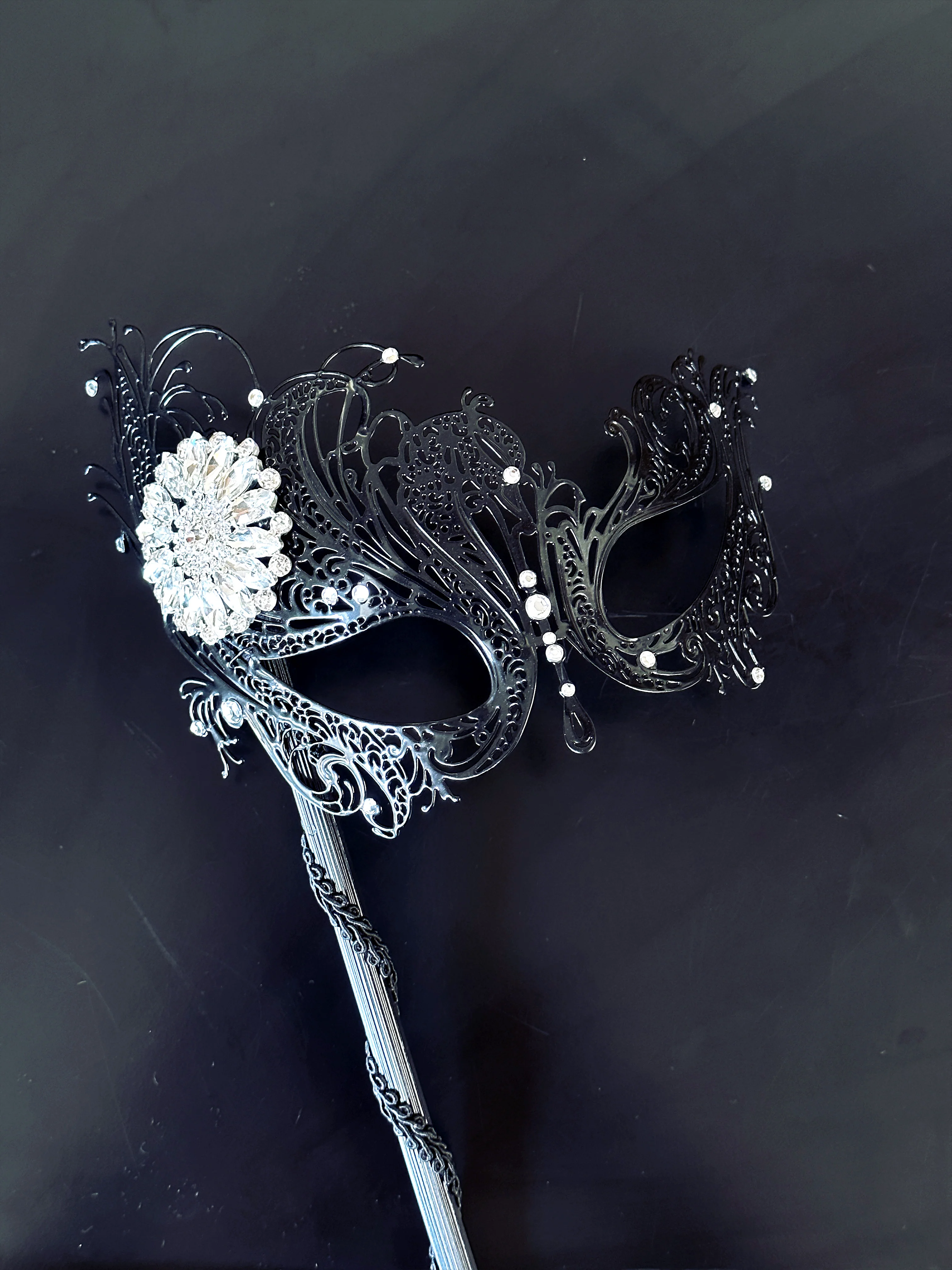 Swan Rhinestone Handheld Mask - White Brooch