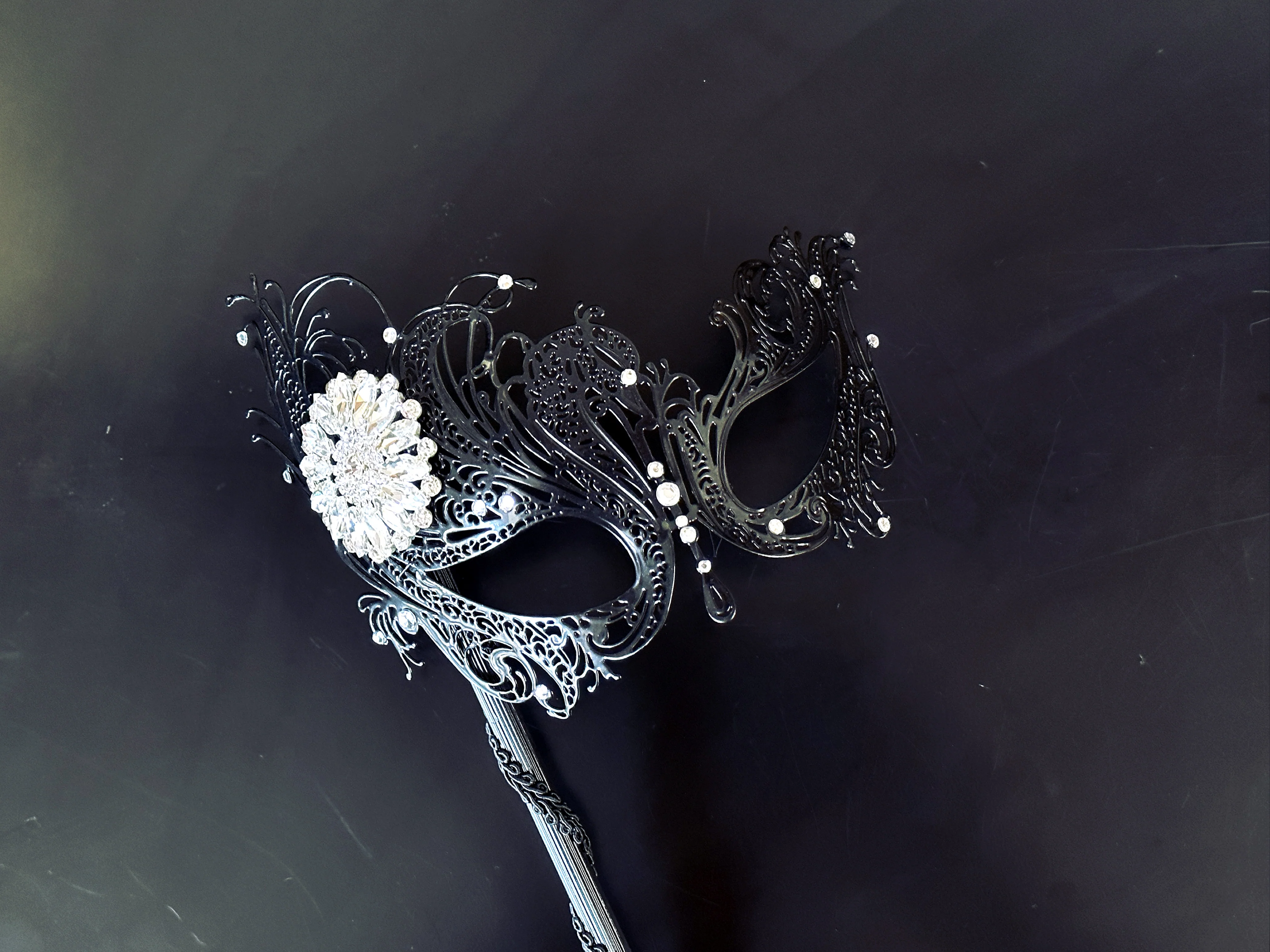 Swan Rhinestone Handheld Mask - White Brooch - Image 2