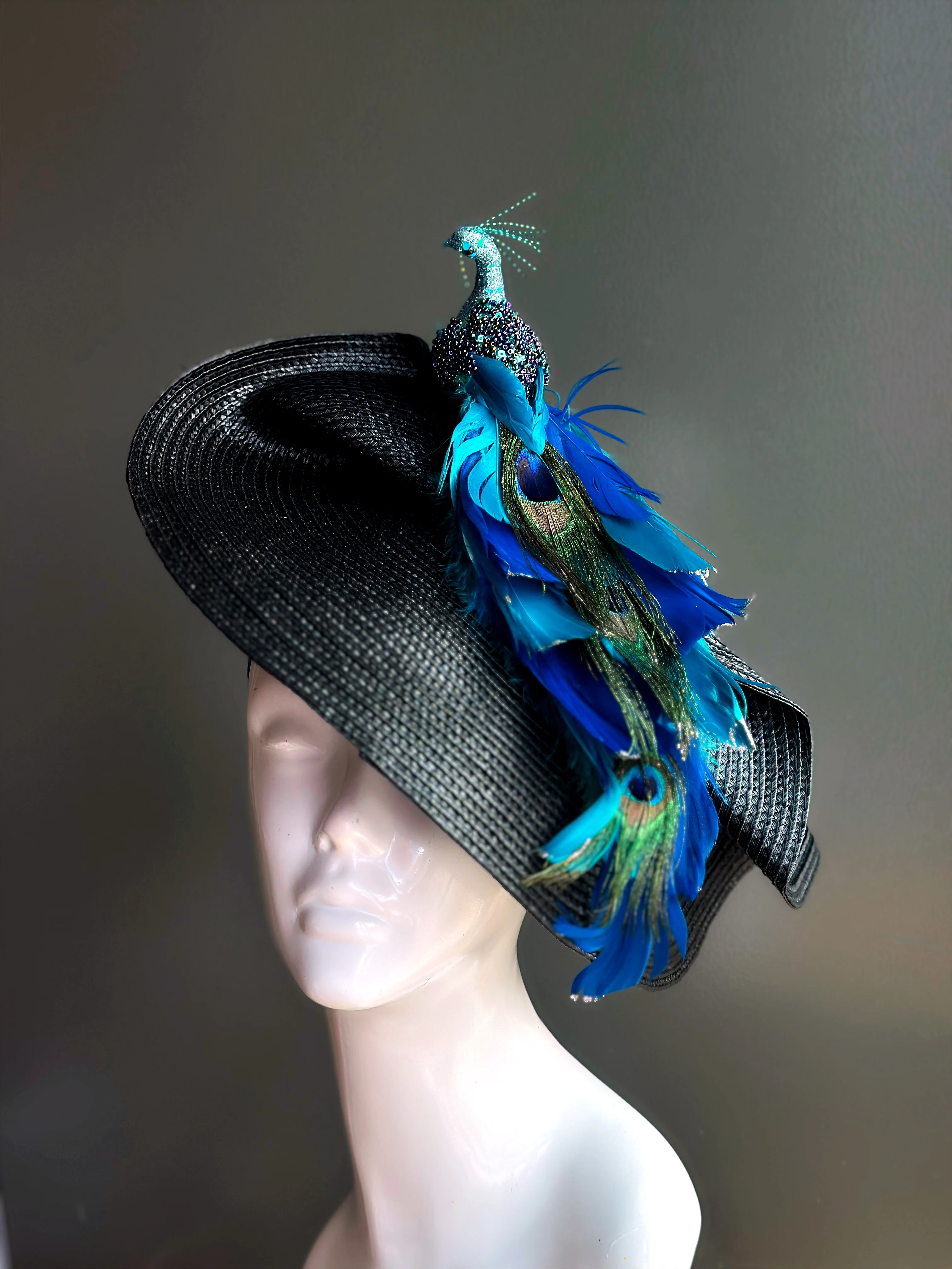 Black Peacock Fascinator Hat - Image 3