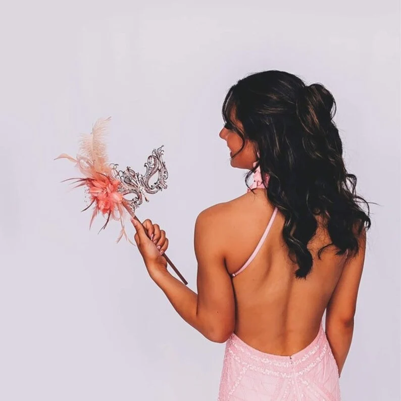 Blush Elegance Rose Gold – Pink Feather Mask - Image 2
