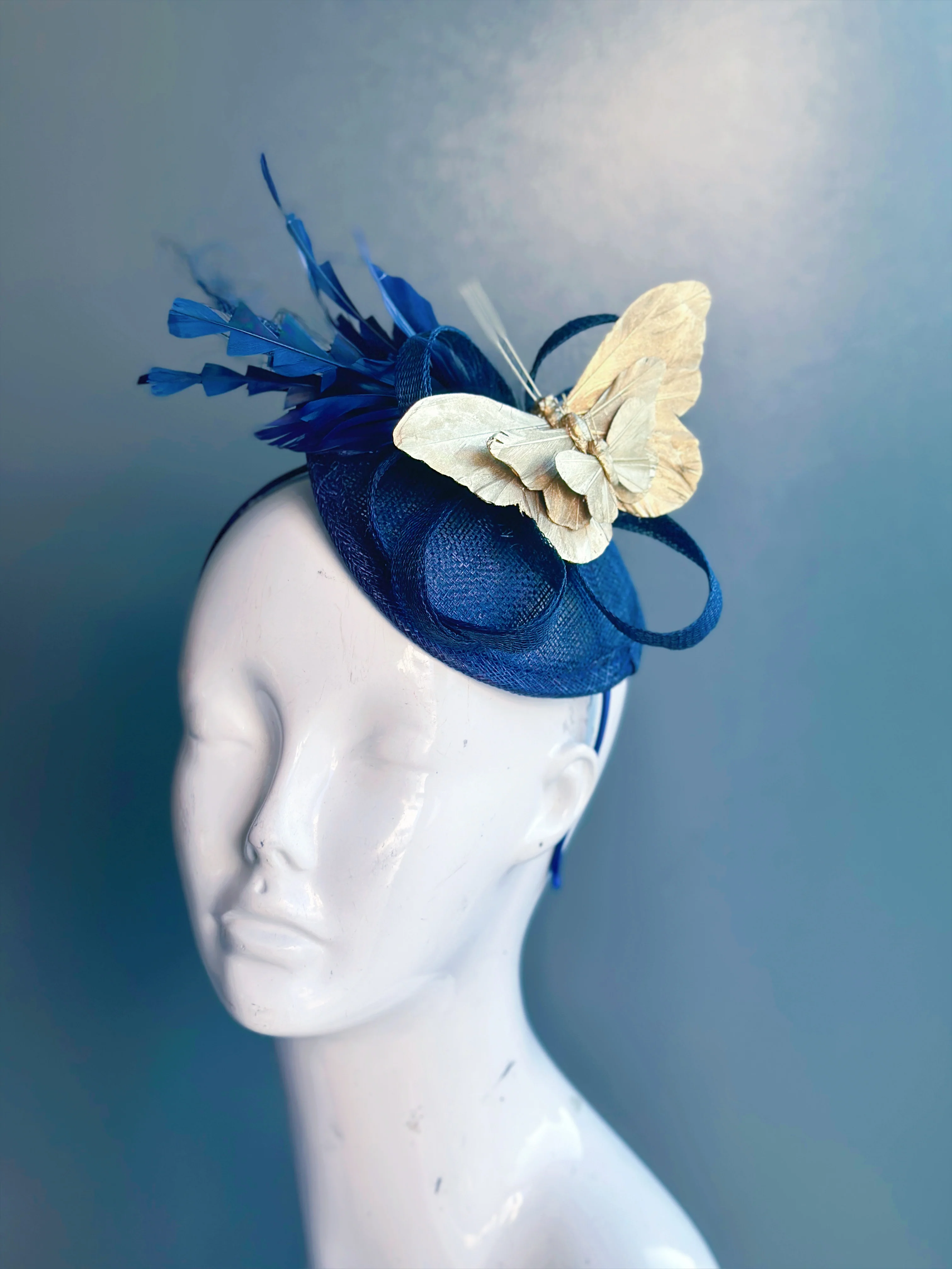 Butterfly Fascinator - Navy Blue Gold - Image 2