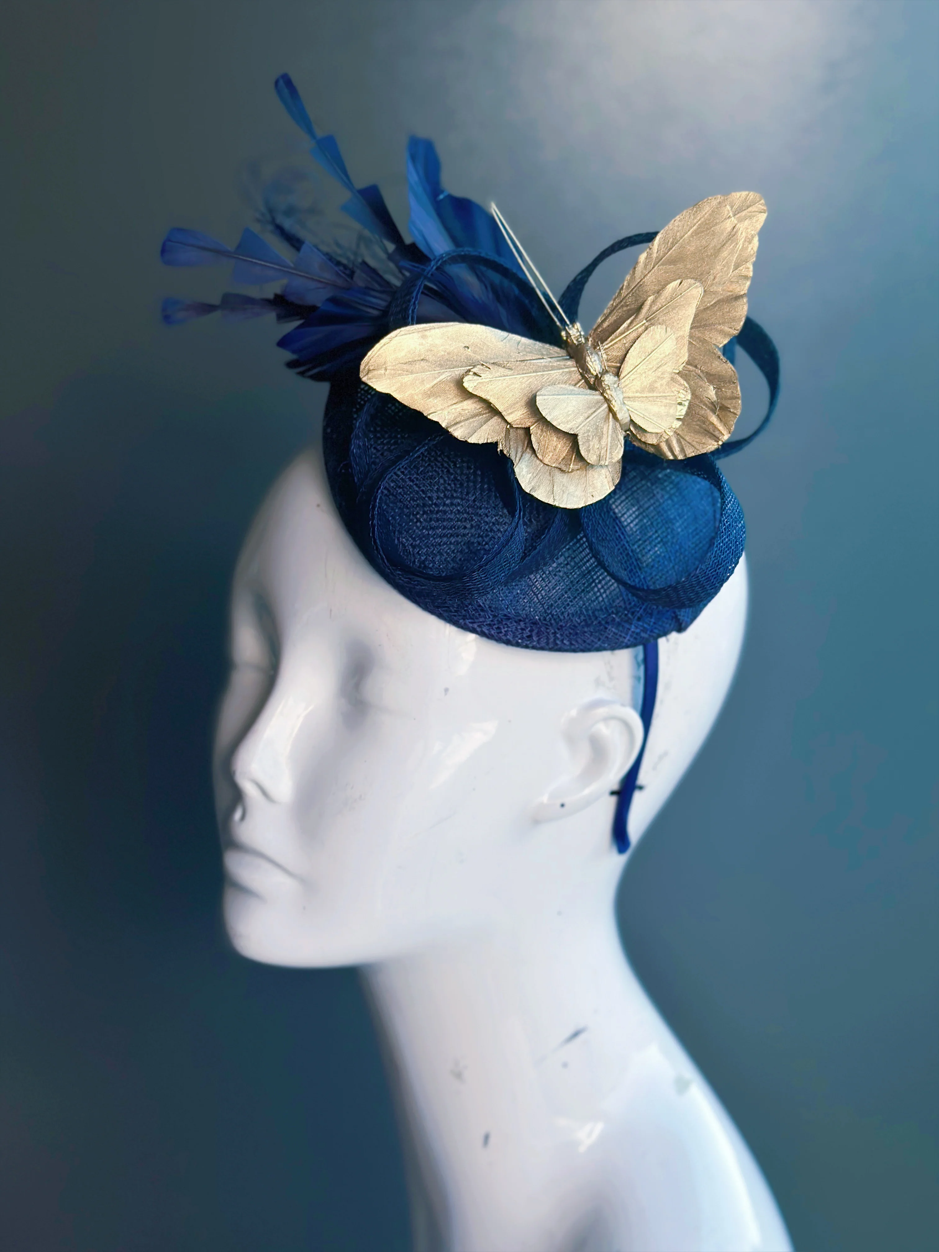 Butterfly Fascinator - Navy Blue Gold - Image 3
