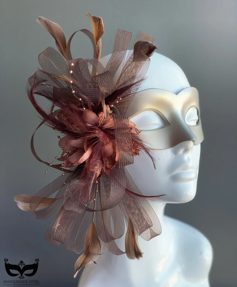 Grace Champagne Mask - Brown Feathers - Image 2