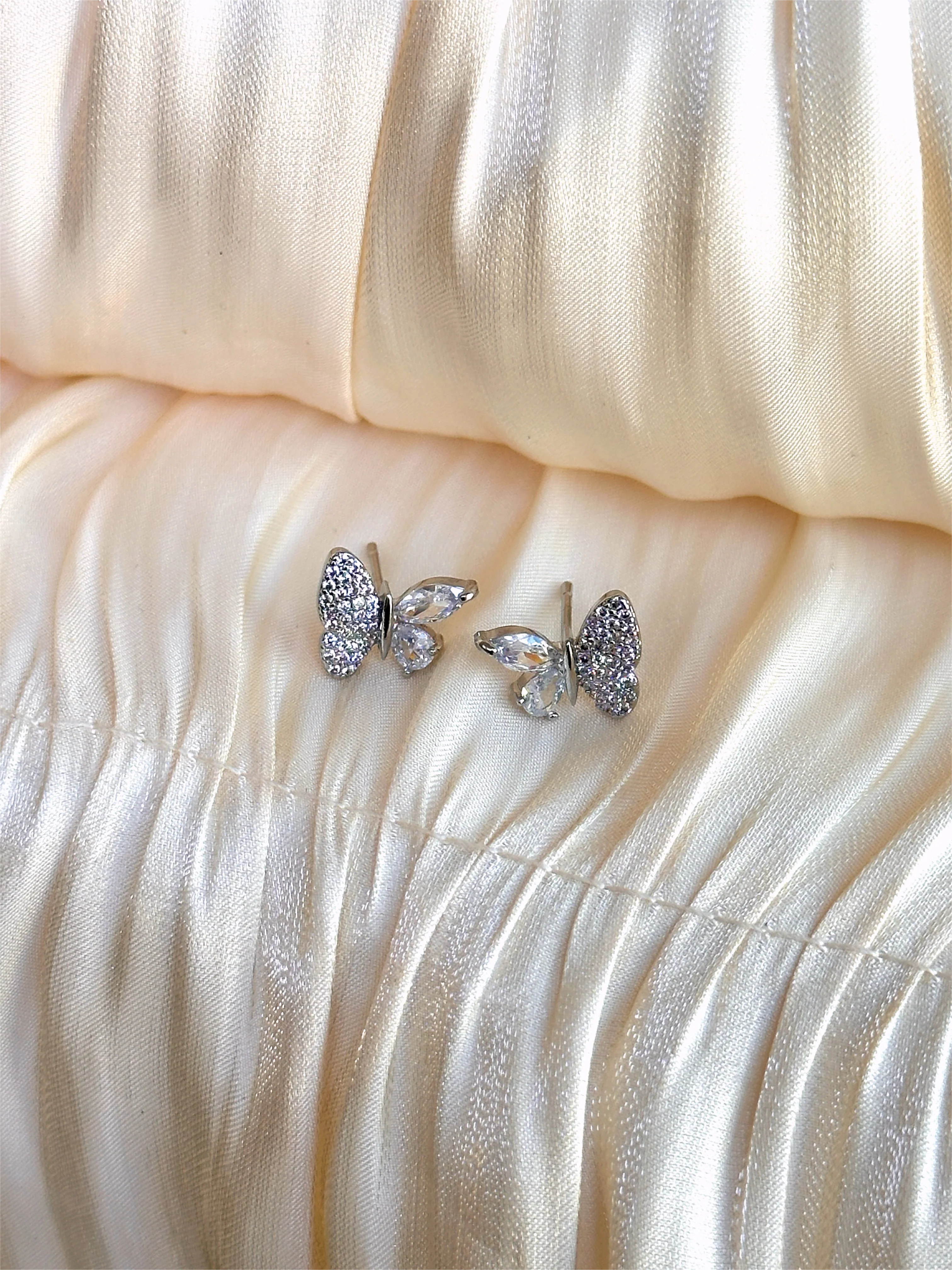 Crystal Butterfly Stud Earrings (Silver) - Image 2