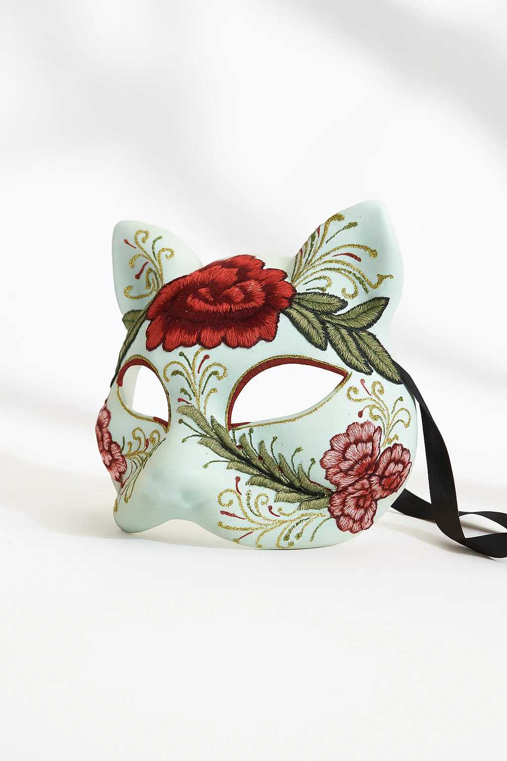 Day of the Dead Embroided Cat Mask - White