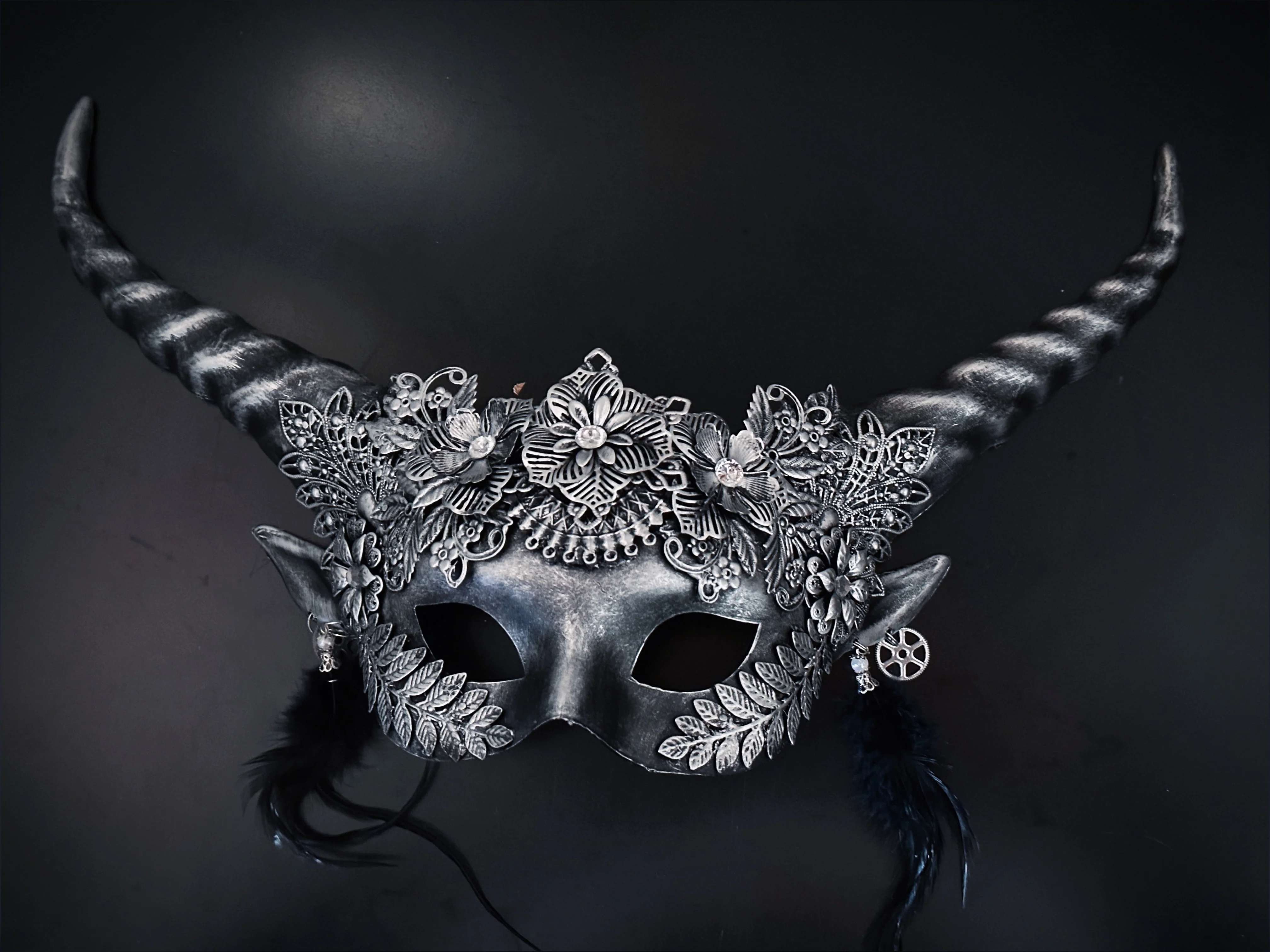 Mythical Horn Mask - Floral Fantasy Silver