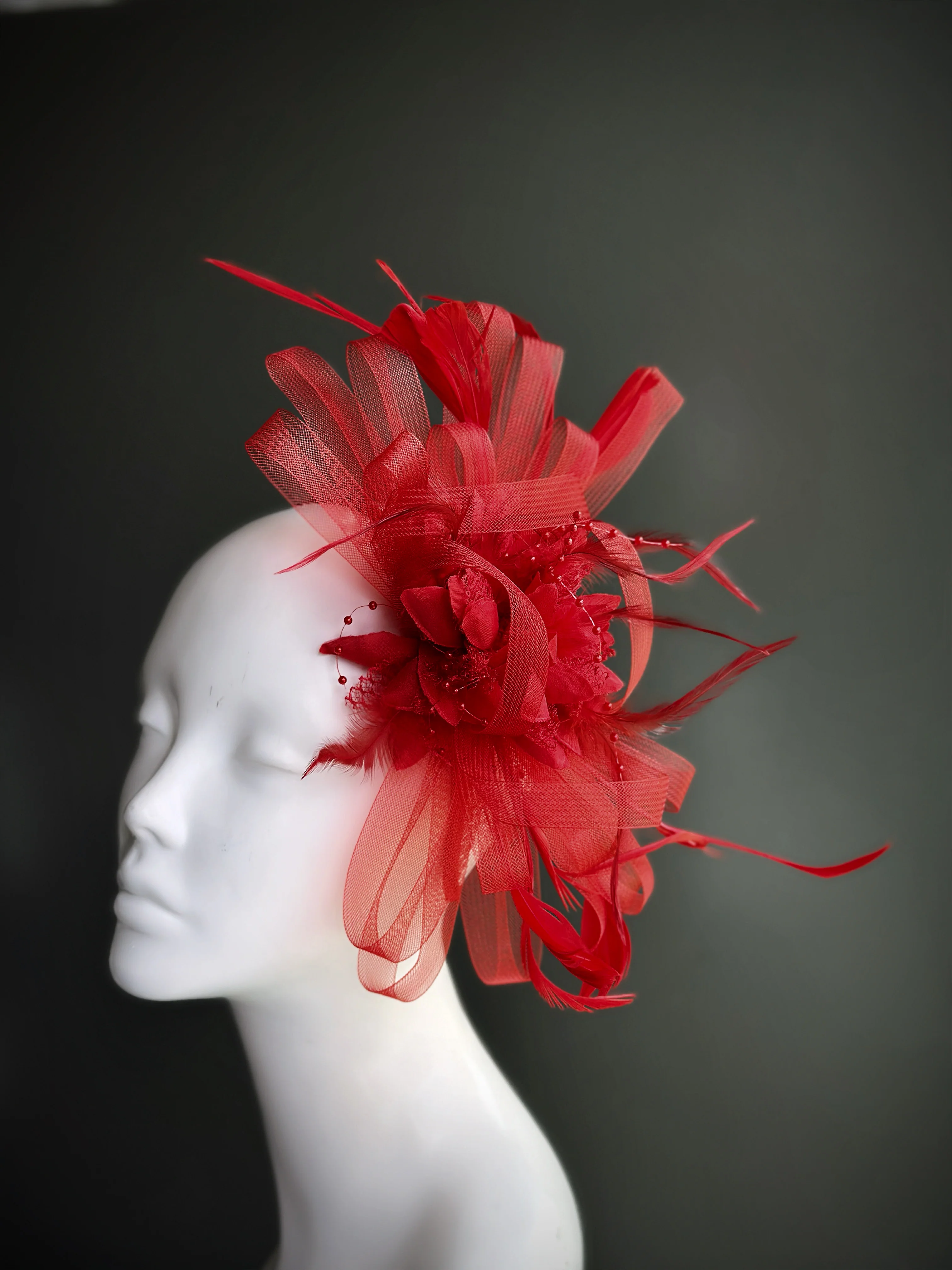 Feather Tulle Hairpiece - Red