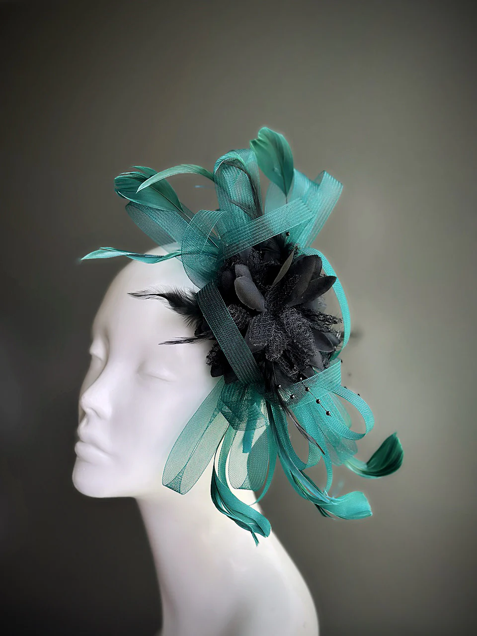 Feather Tulle Hairpiece - Teal Black