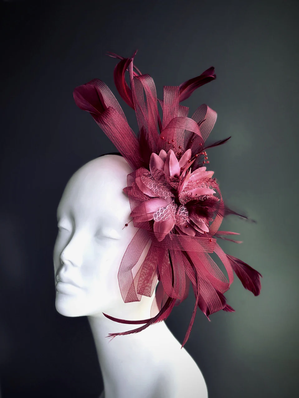 Feather Tulle Hairpiece - Wine Red