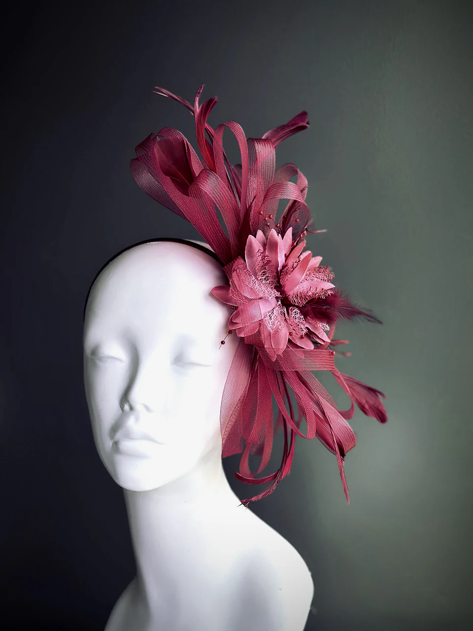 Feather Tulle Hairpiece - Wine Red - Image 2