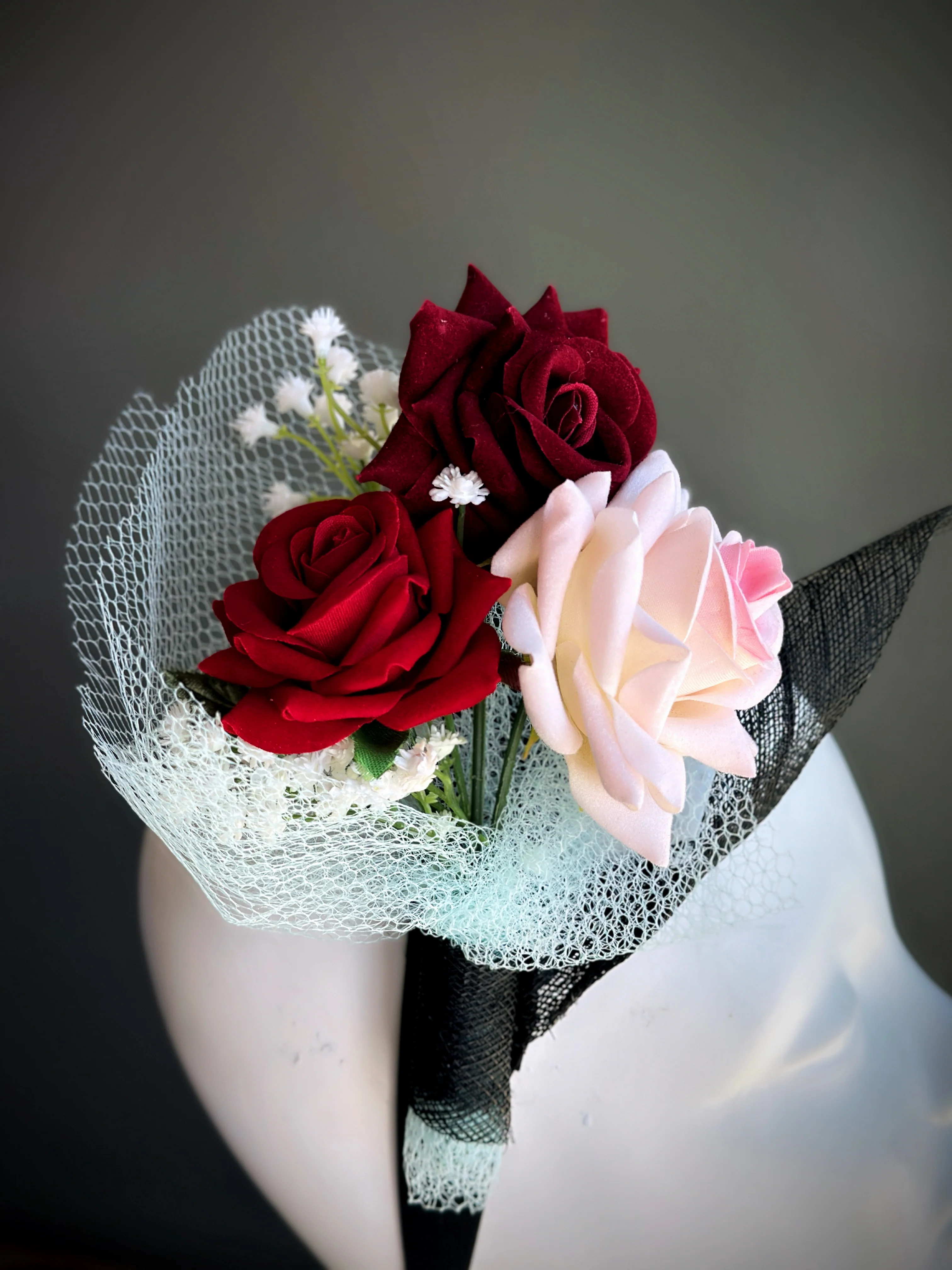 Rose Bouquet Fascinator Hat - Red Pink - Image 2