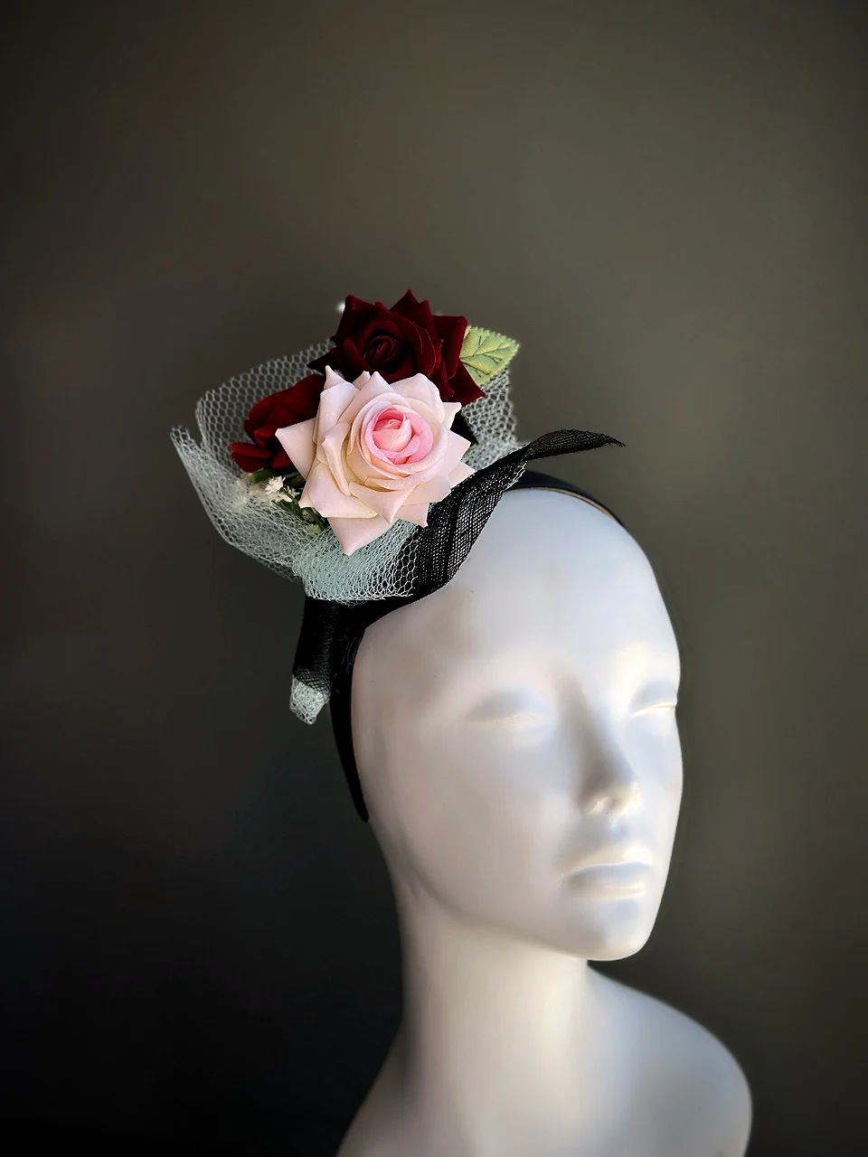 Rose Bouquet Fascinator Hat - Red Pink - Image 3