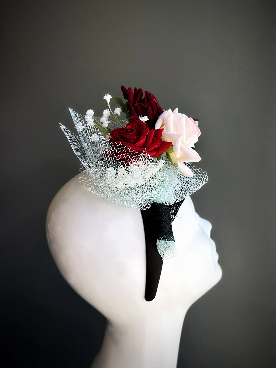 Rose Bouquet Fascinator Hat - Red Pink - Image 4