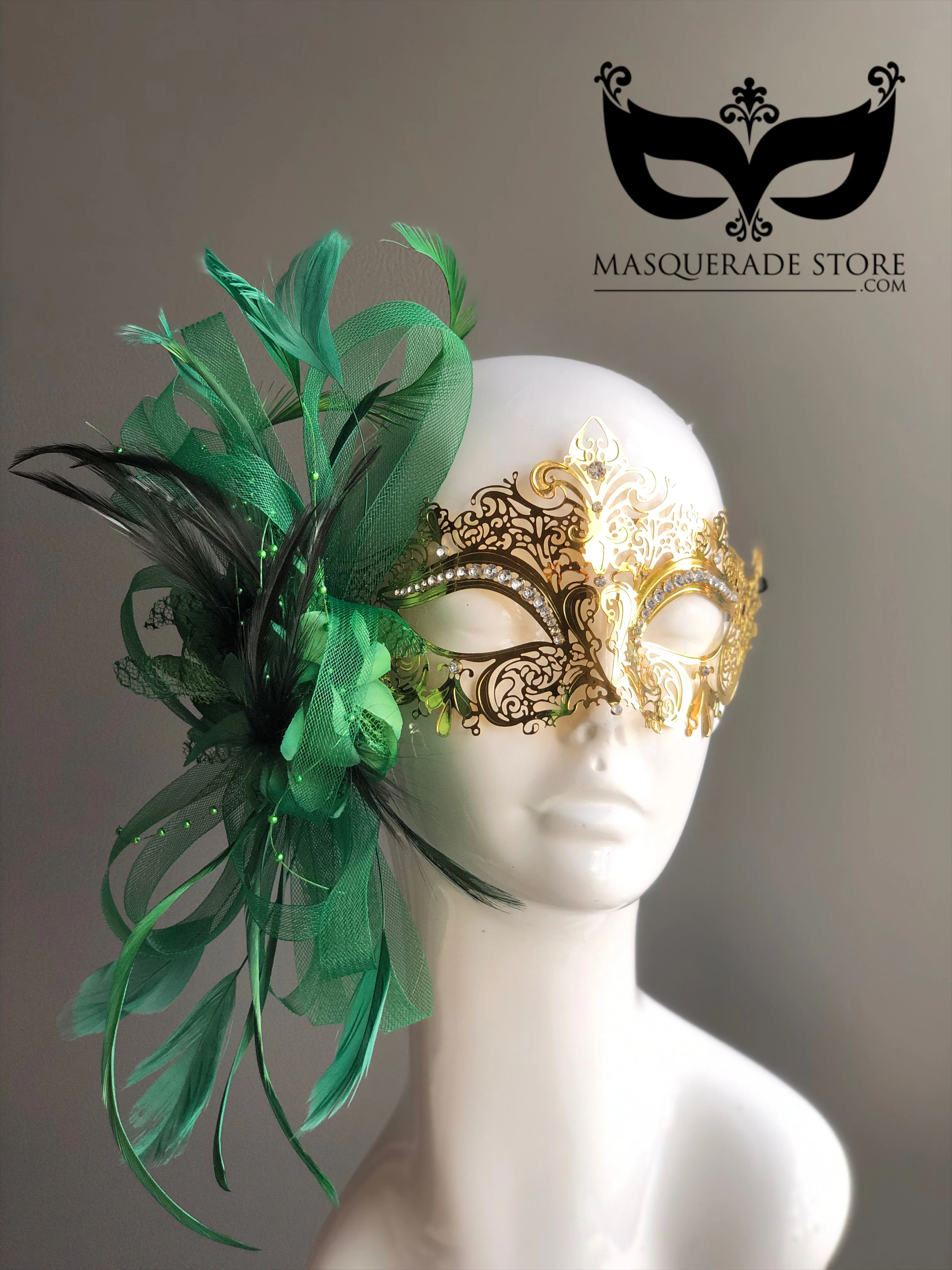 Gold Mask with Green Feather