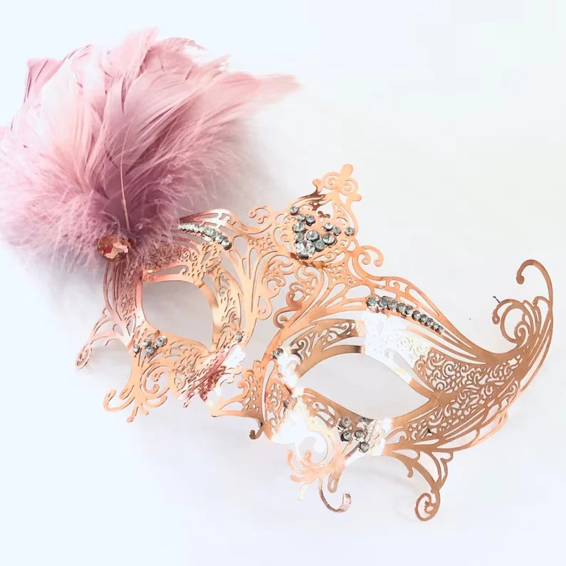 Gossip Rose Gold Metal Mask - Mauve Pink Feathers