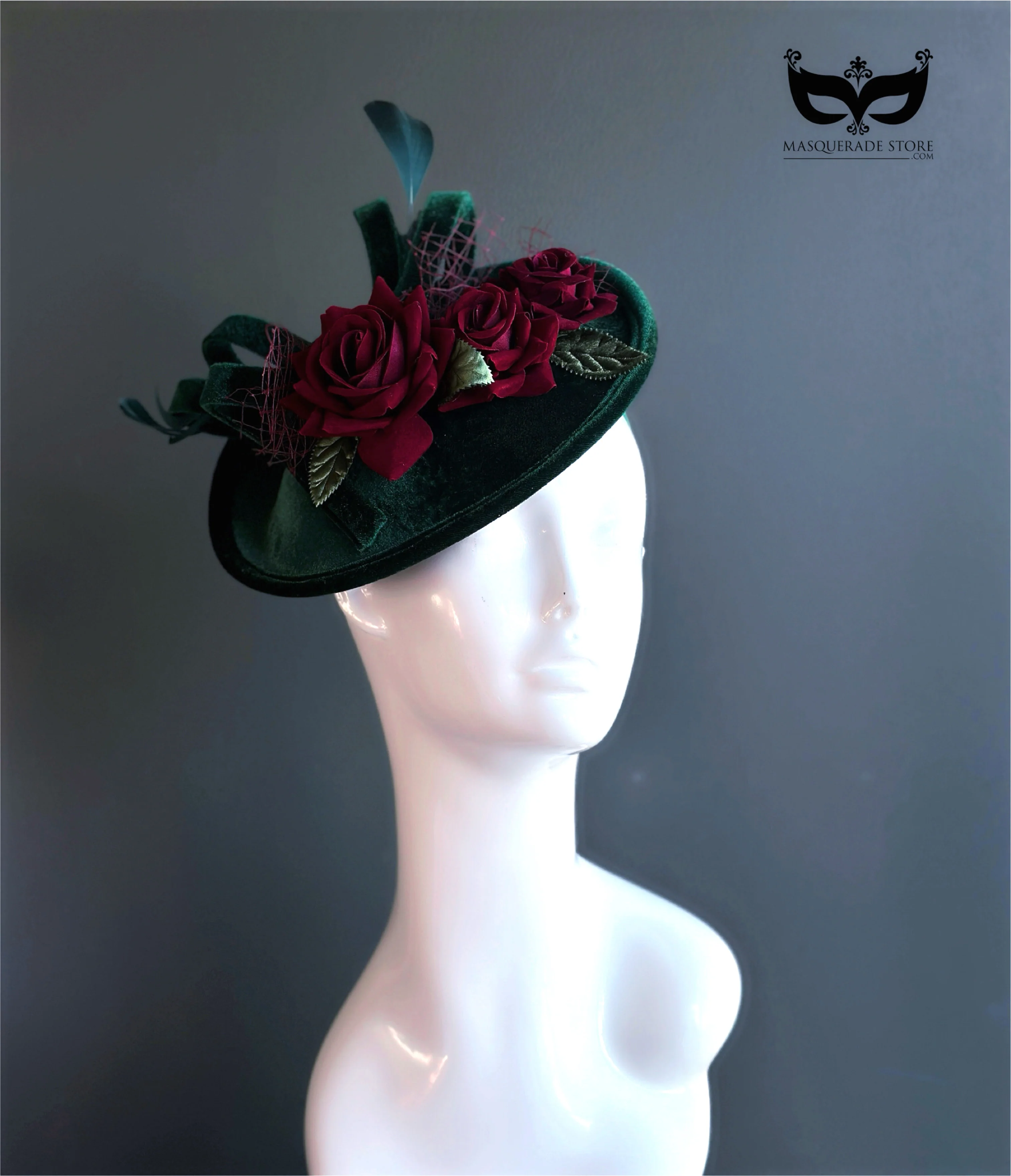 Green Velvet with Red Rose Fascinator Hat