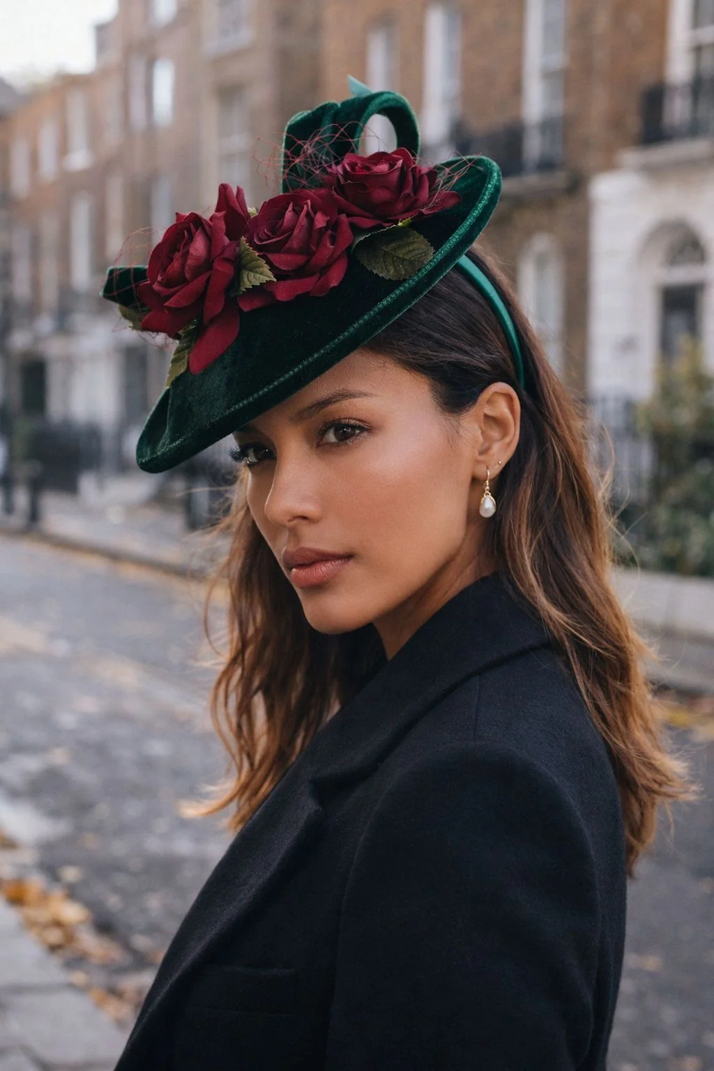 Green Velvet with Red Rose Fascinator Hat - Image 2