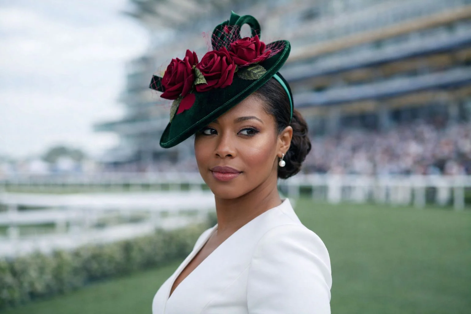 Green Velvet with Red Rose Fascinator Hat - Image 4