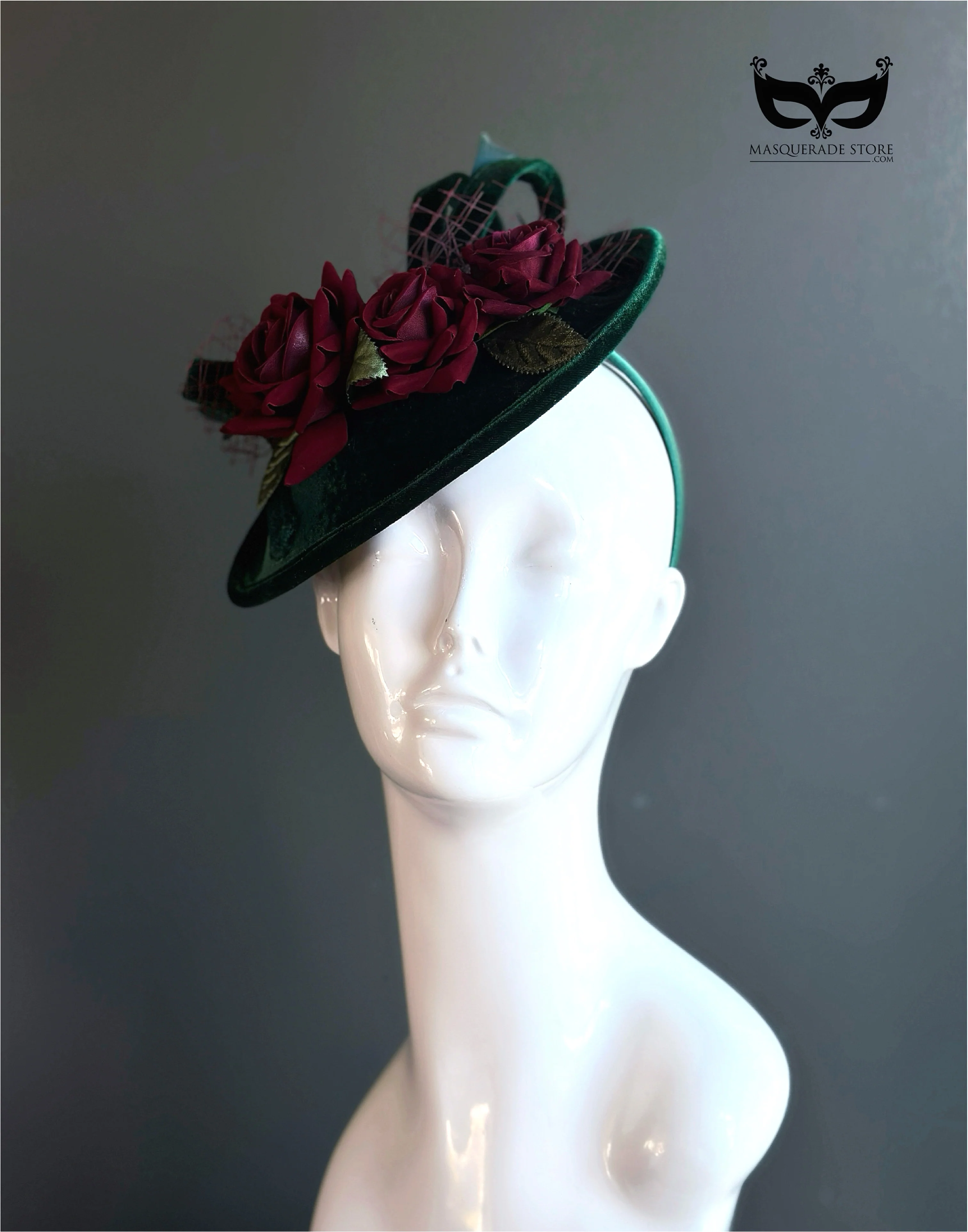 Green Velvet with Red Rose Fascinator Hat - Image 5
