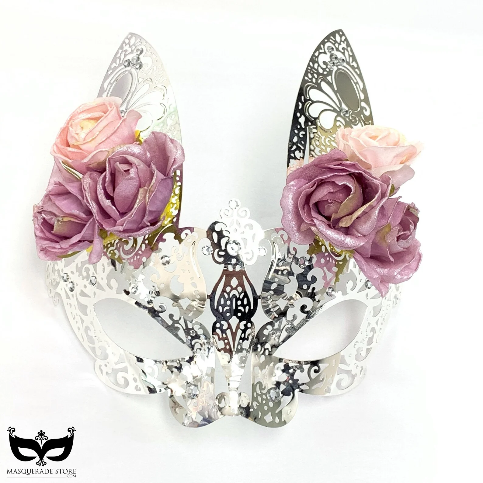 Metal Bunny Mask - Silver/Pink Roses