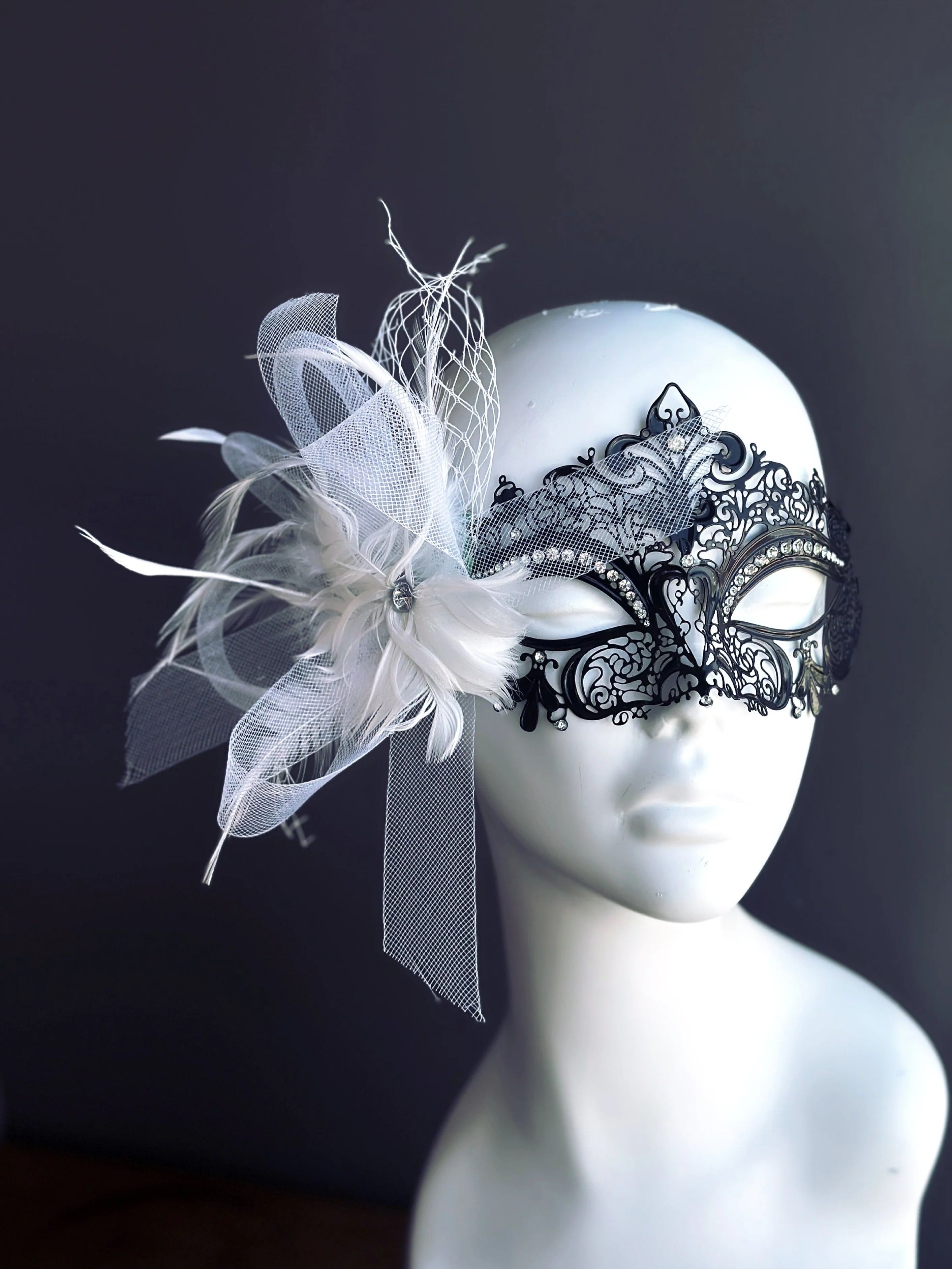 Elegant Venetian Metal Mask -  White Jeweled Feather