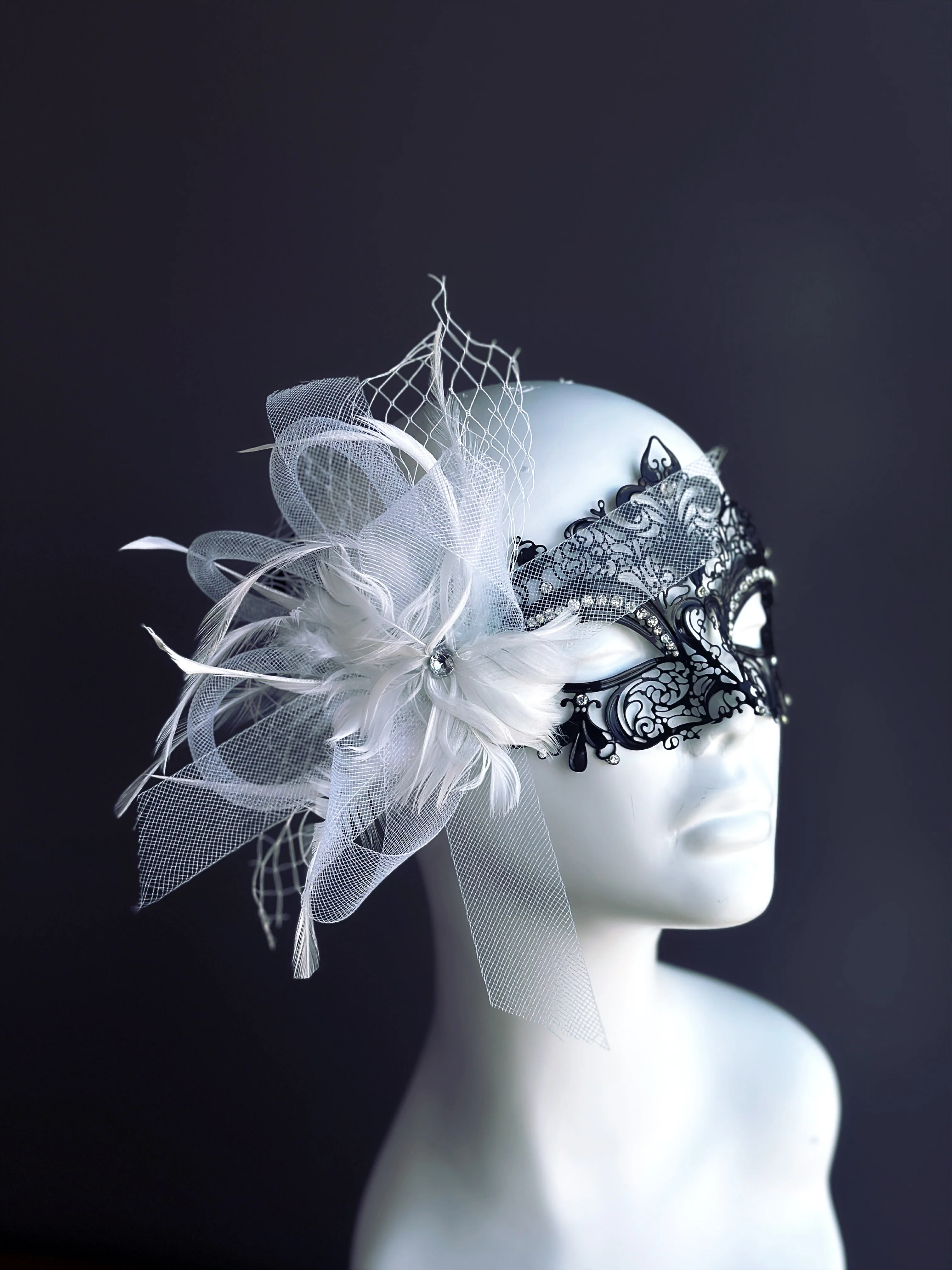 Elegant Venetian Metal Mask -  White Jeweled Feather - Image 2