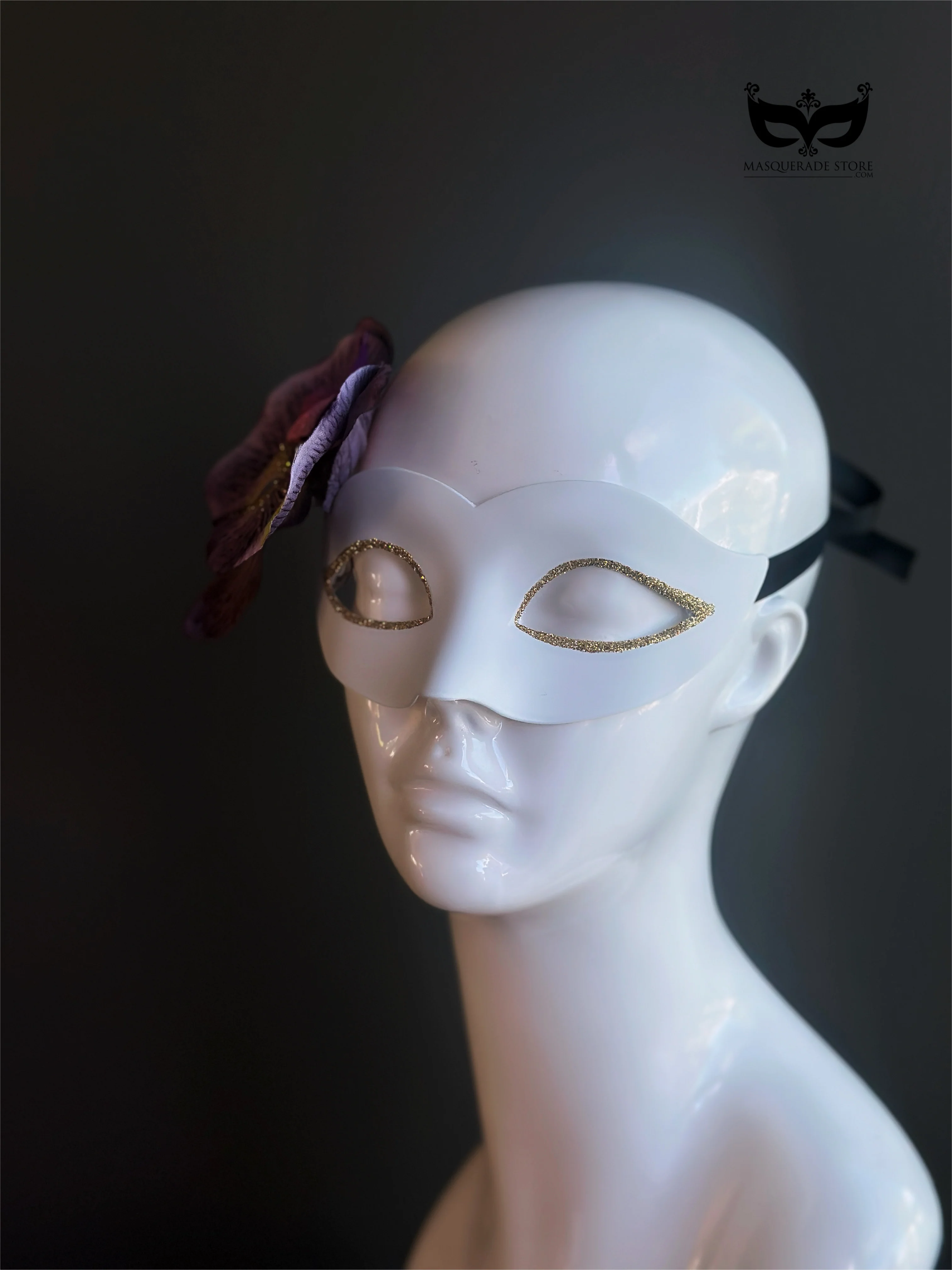 White Venetian Mask with Orchid Flower - Image 4