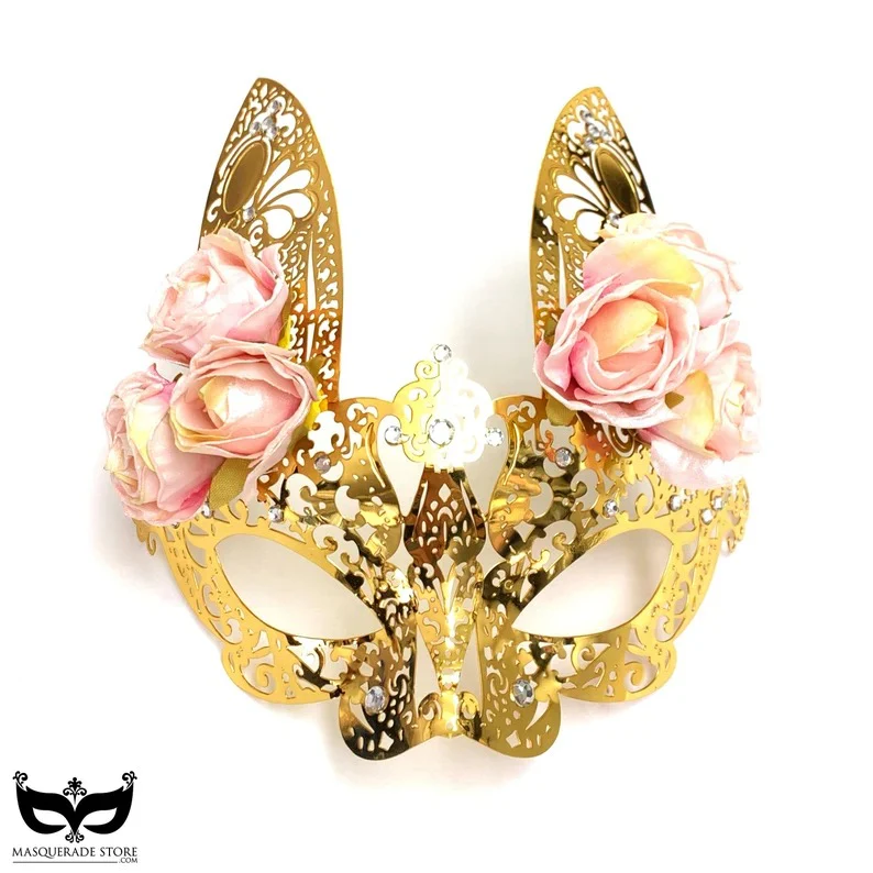 Metal Bunny Mask - Gold/Pink Roses - Image 2