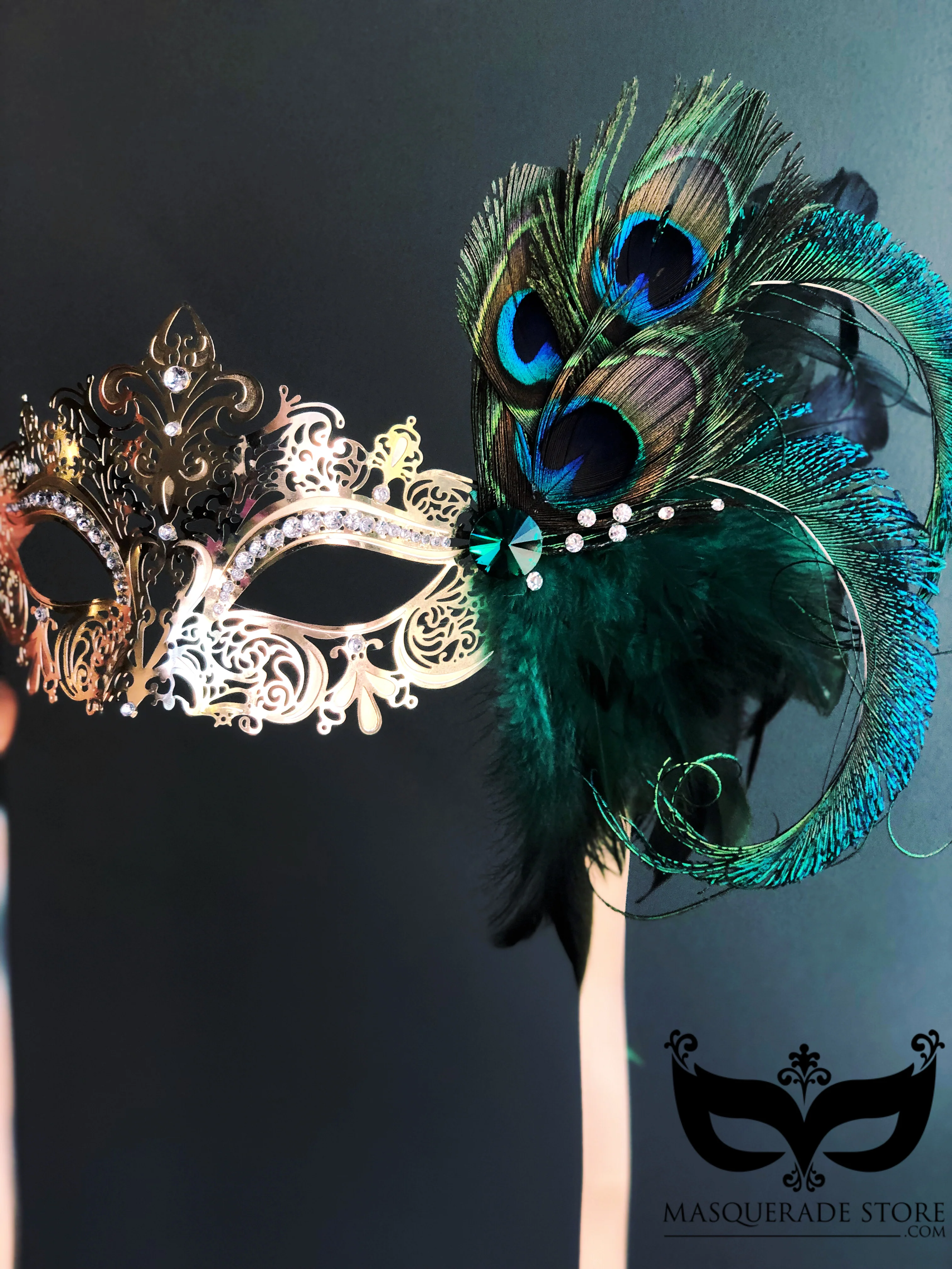 Elegant Venetian Handheld Mask - Gold Peacock - Image 2