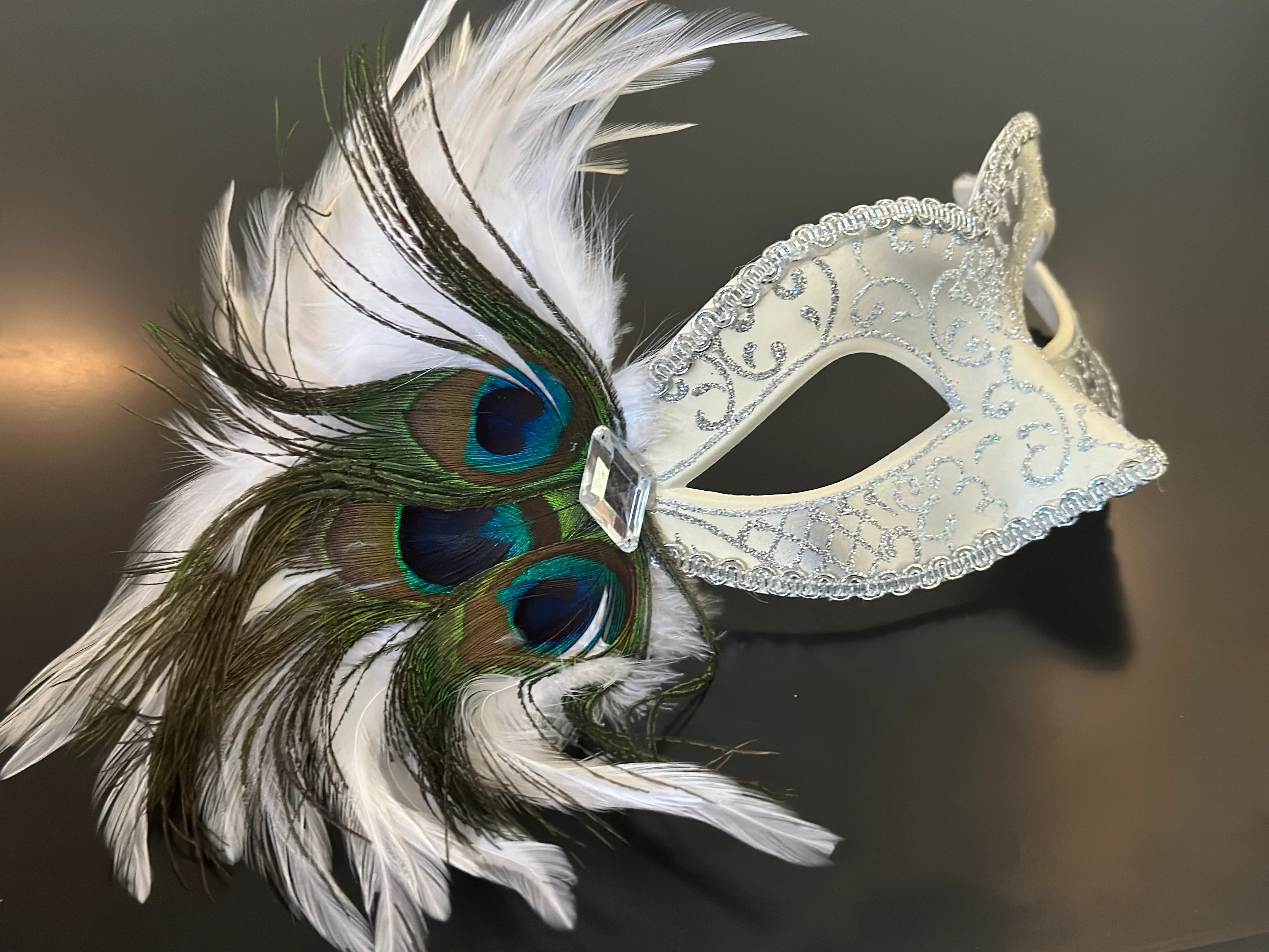 Peacock Mask - White Silver