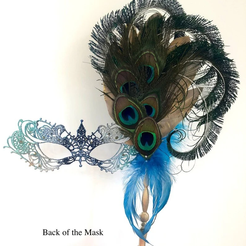 Peacock Royale – Handheld Stick Feathered Mask - Image 4