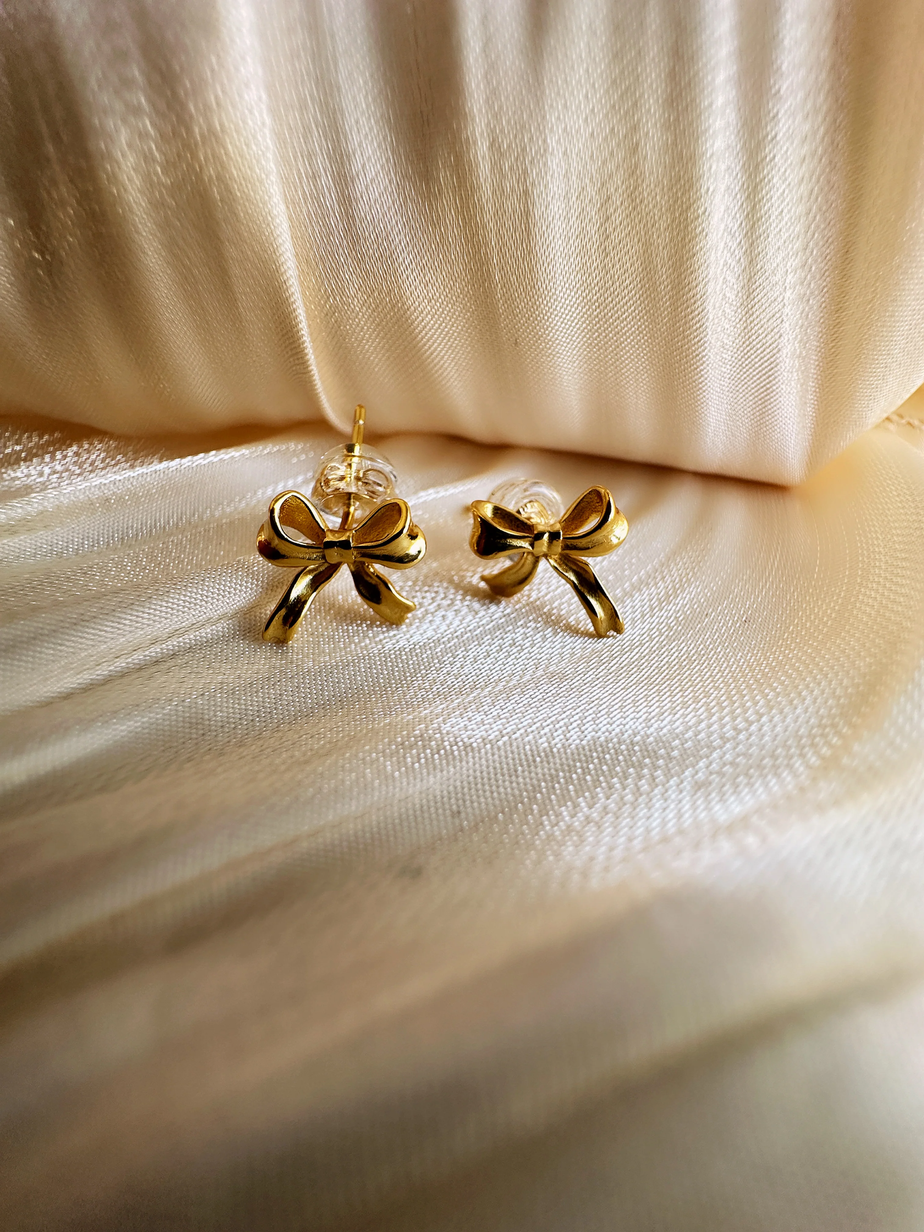 Petite Ribbon Bow Gold Stud Earrings - Image 2