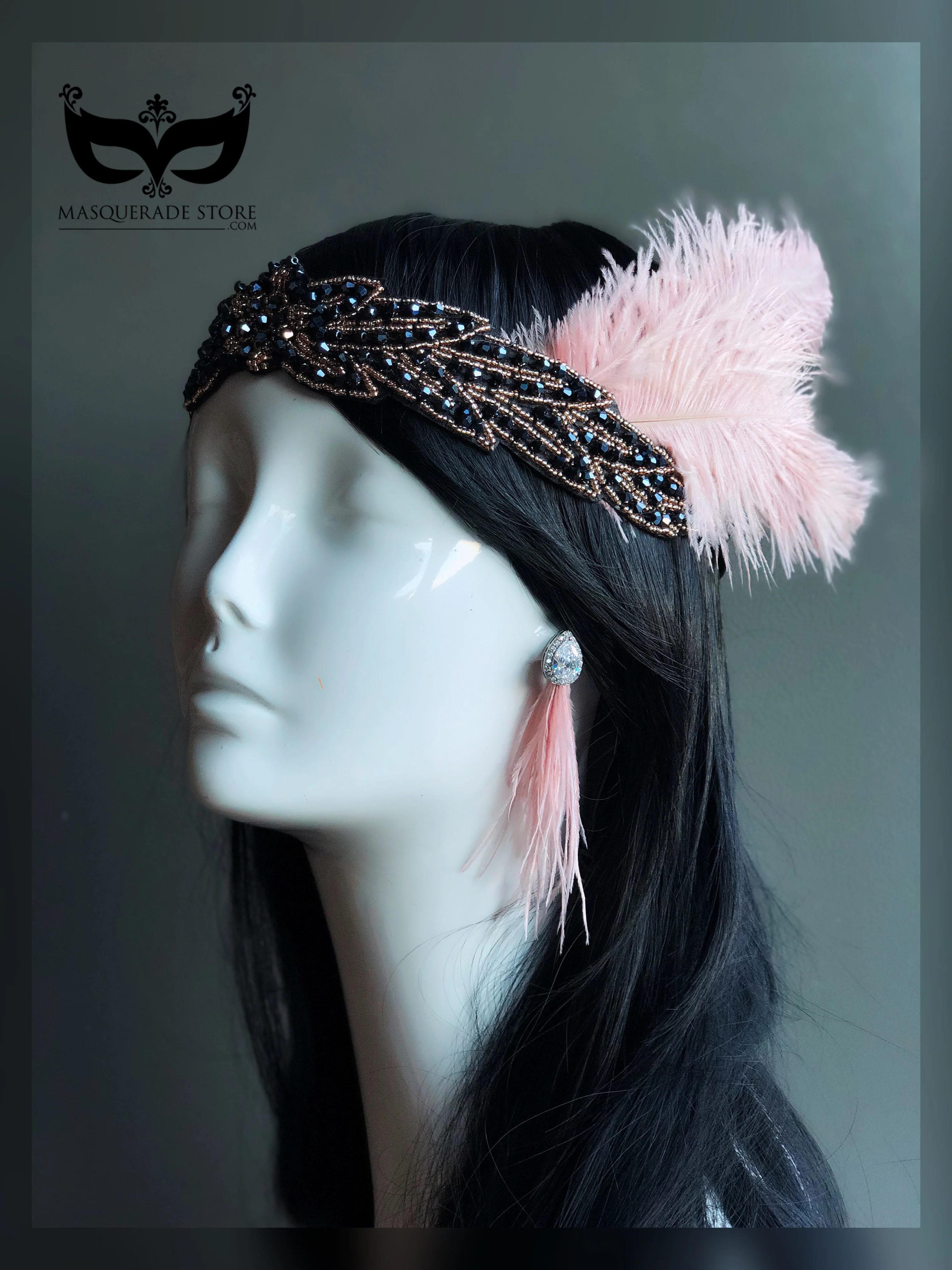 Midnight Flapper Headband - Pink Feather