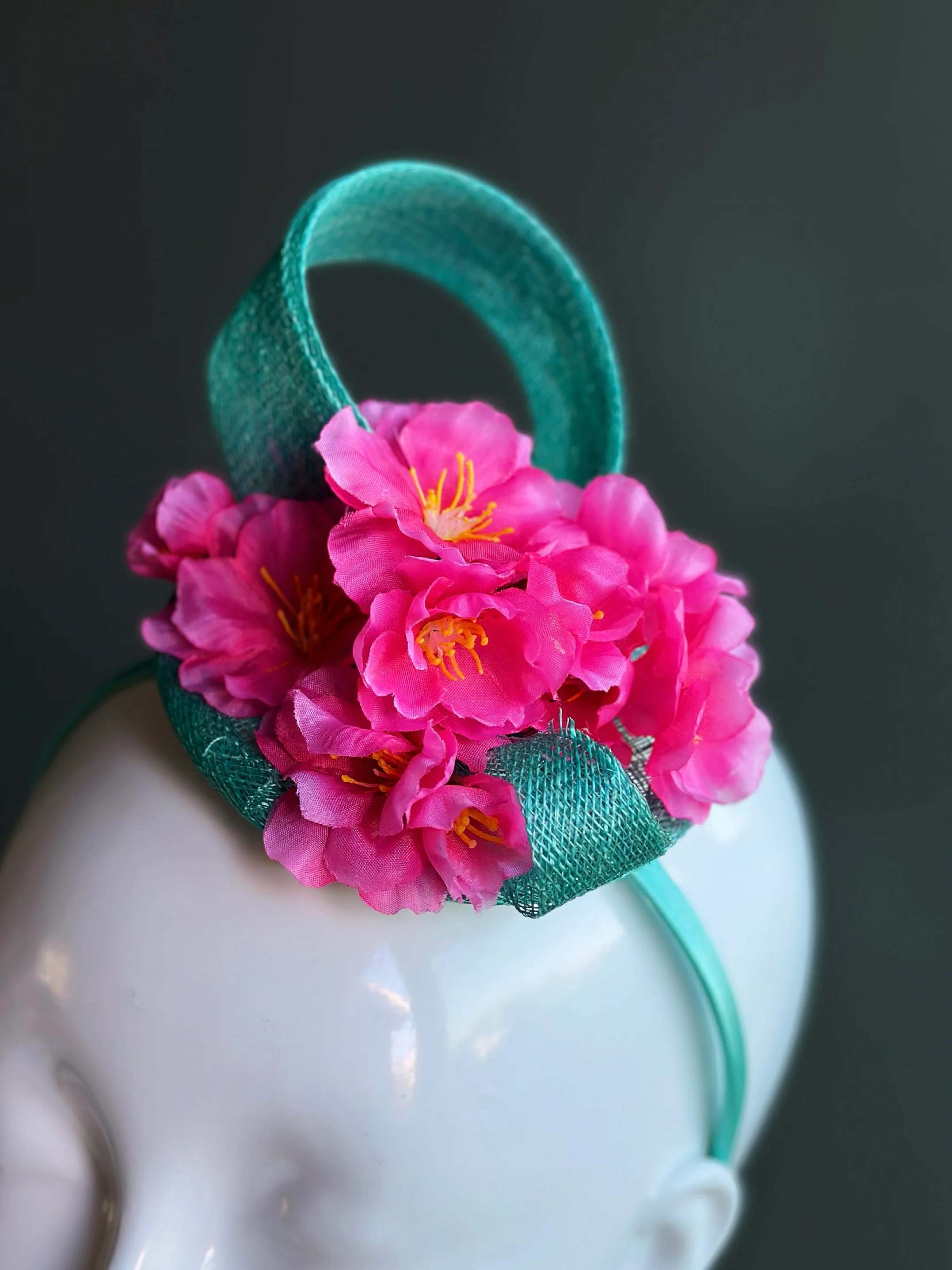 Hot Pink Floral Teal Headband Fascinator - Image 2