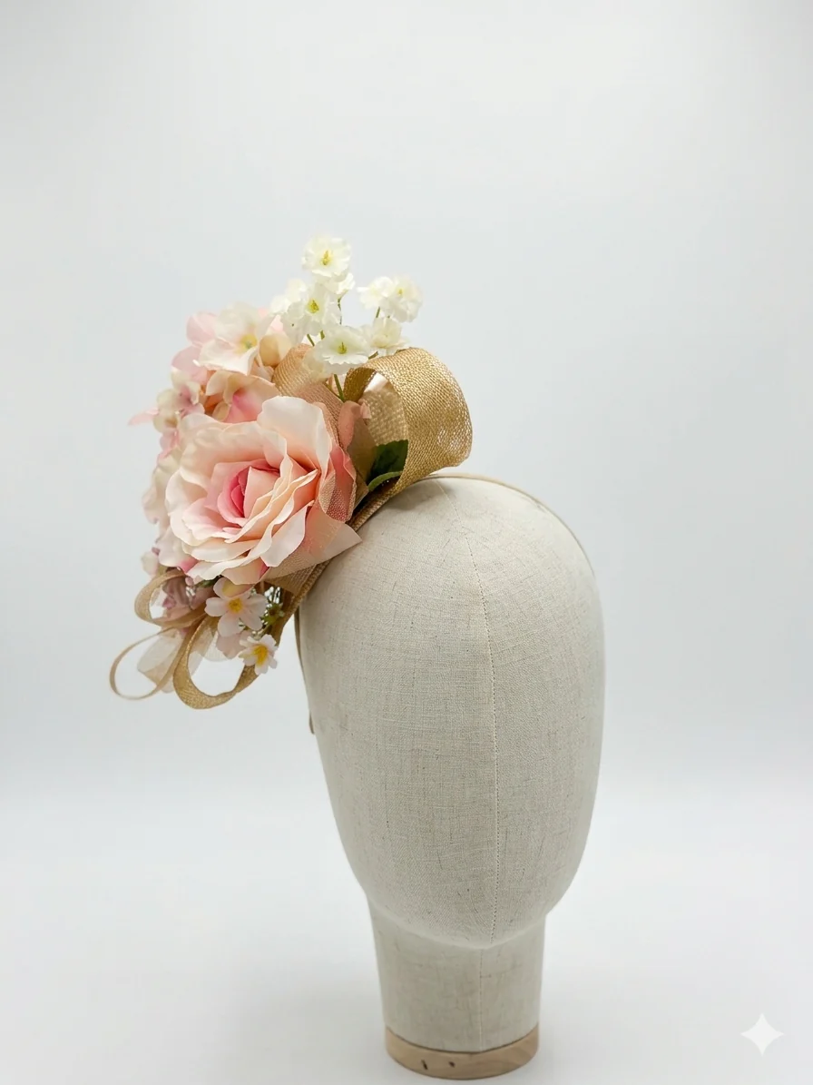 Blush Rose and Hydrangea Fascinator - Pink - Image 4