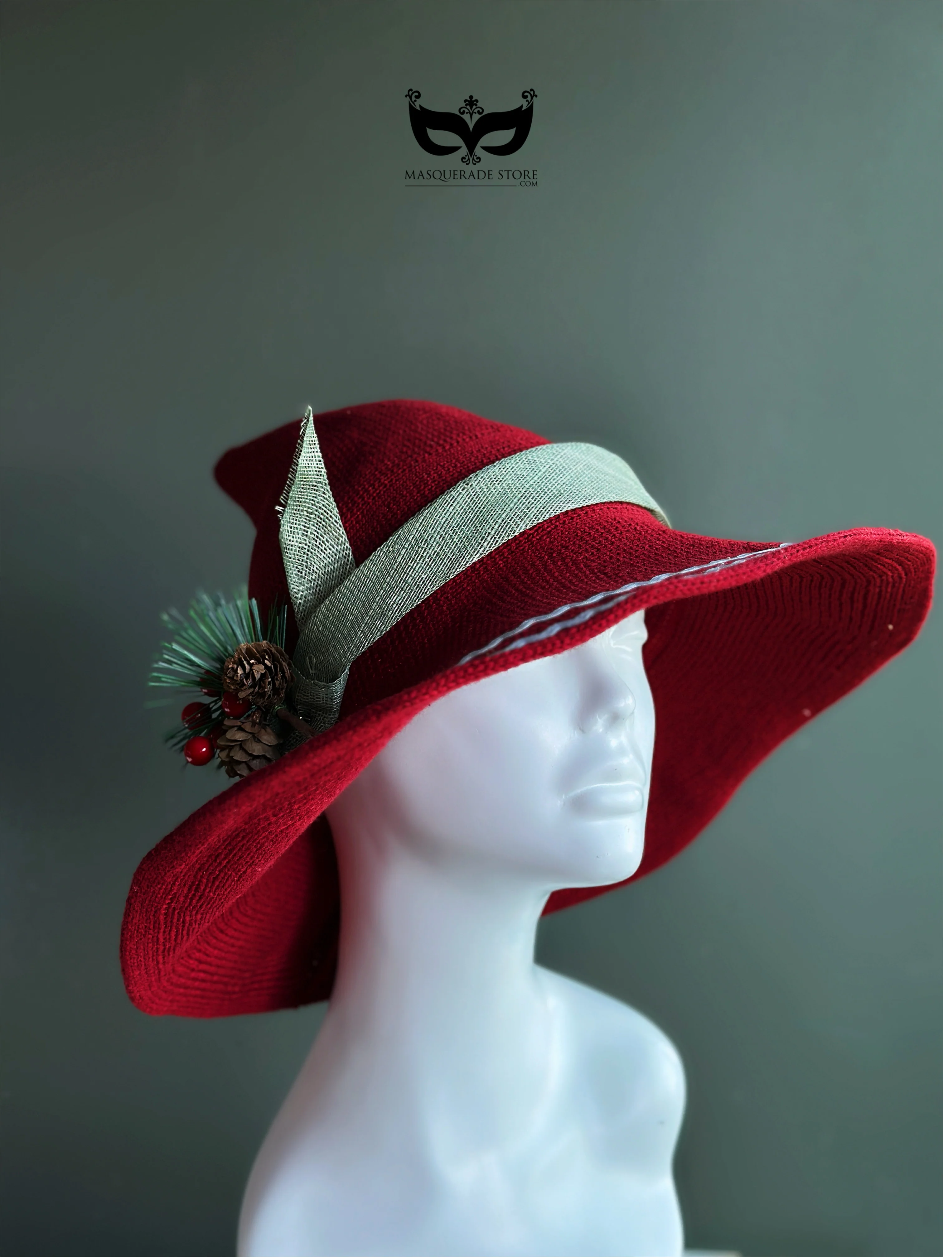Red Christmas Wide Brim Hat with Pine Berry Accent